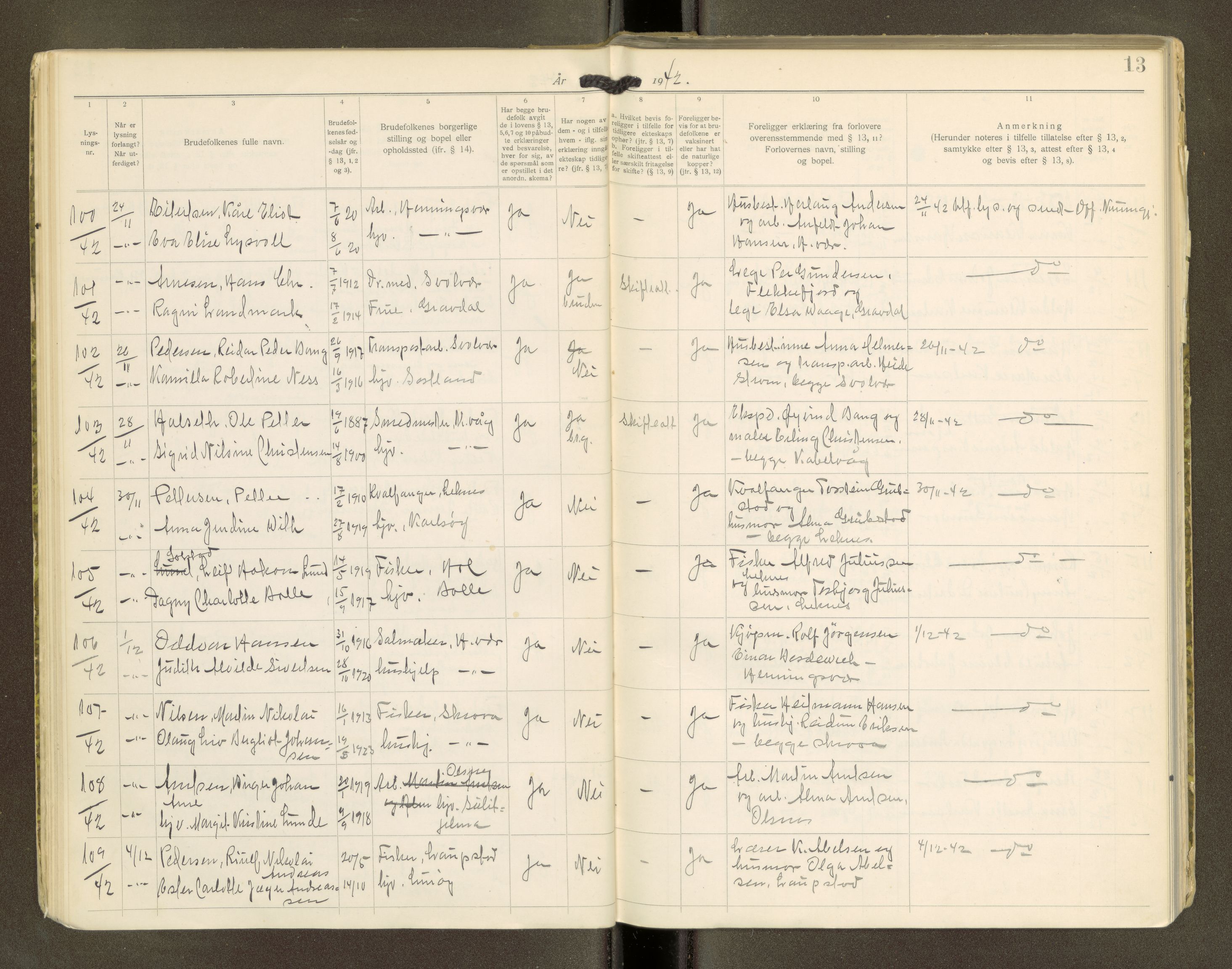 Lofoten sorenskriveri, SAT/A-0017/1/6/6D/L0004: Lysningsbok, 1923-1969, s. 13