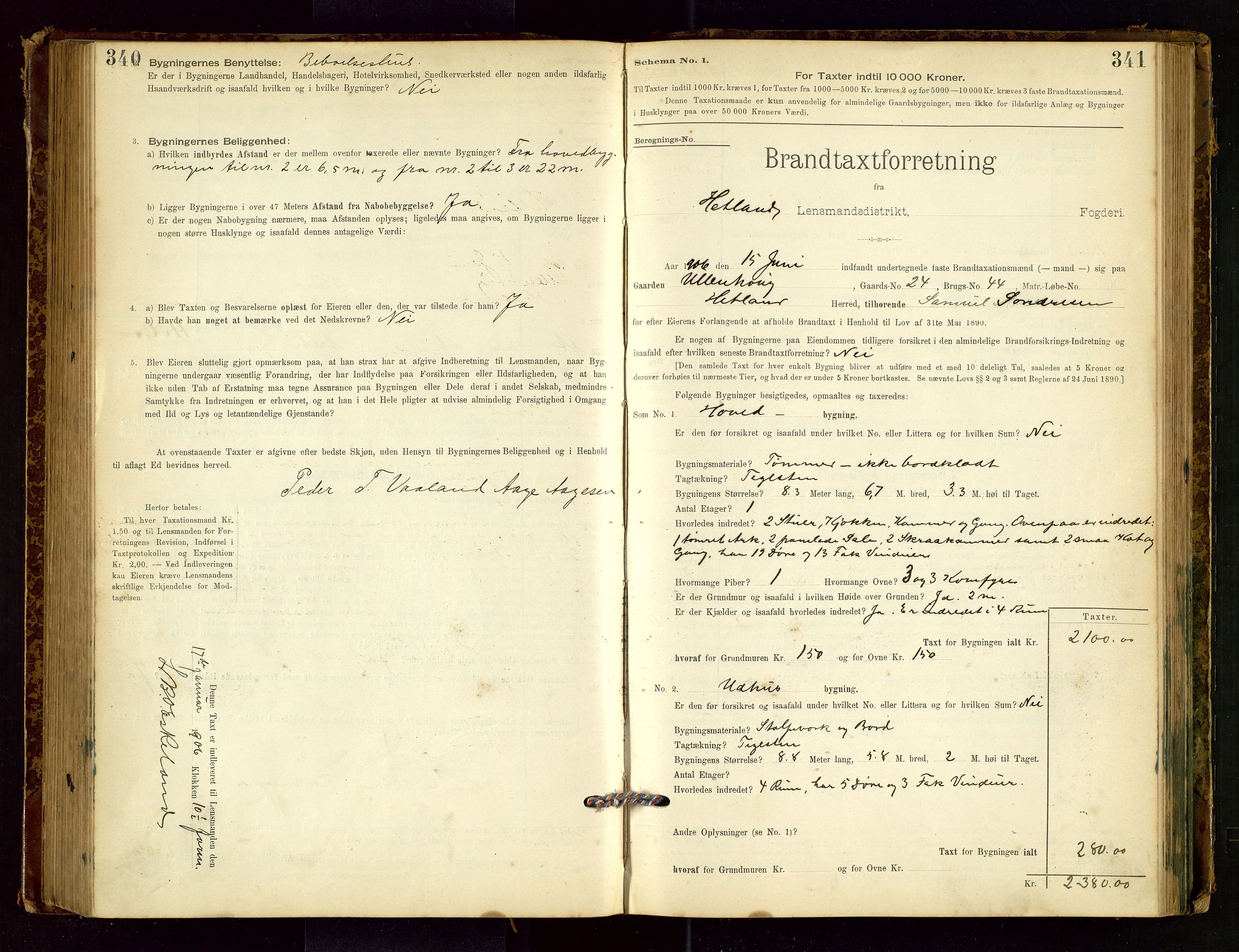 Hetland lensmannskontor, SAST/A-100101/Gob/L0001: "Brandtaxationsprotokol", 1895-1918, s. 340-341