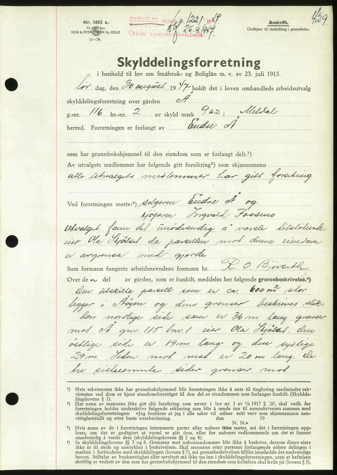 Orkdal sorenskriveri, SAT/A-4169/1/2/2C: Pantebok nr. A, 1947-1947, Dagboknr: 1221/1947