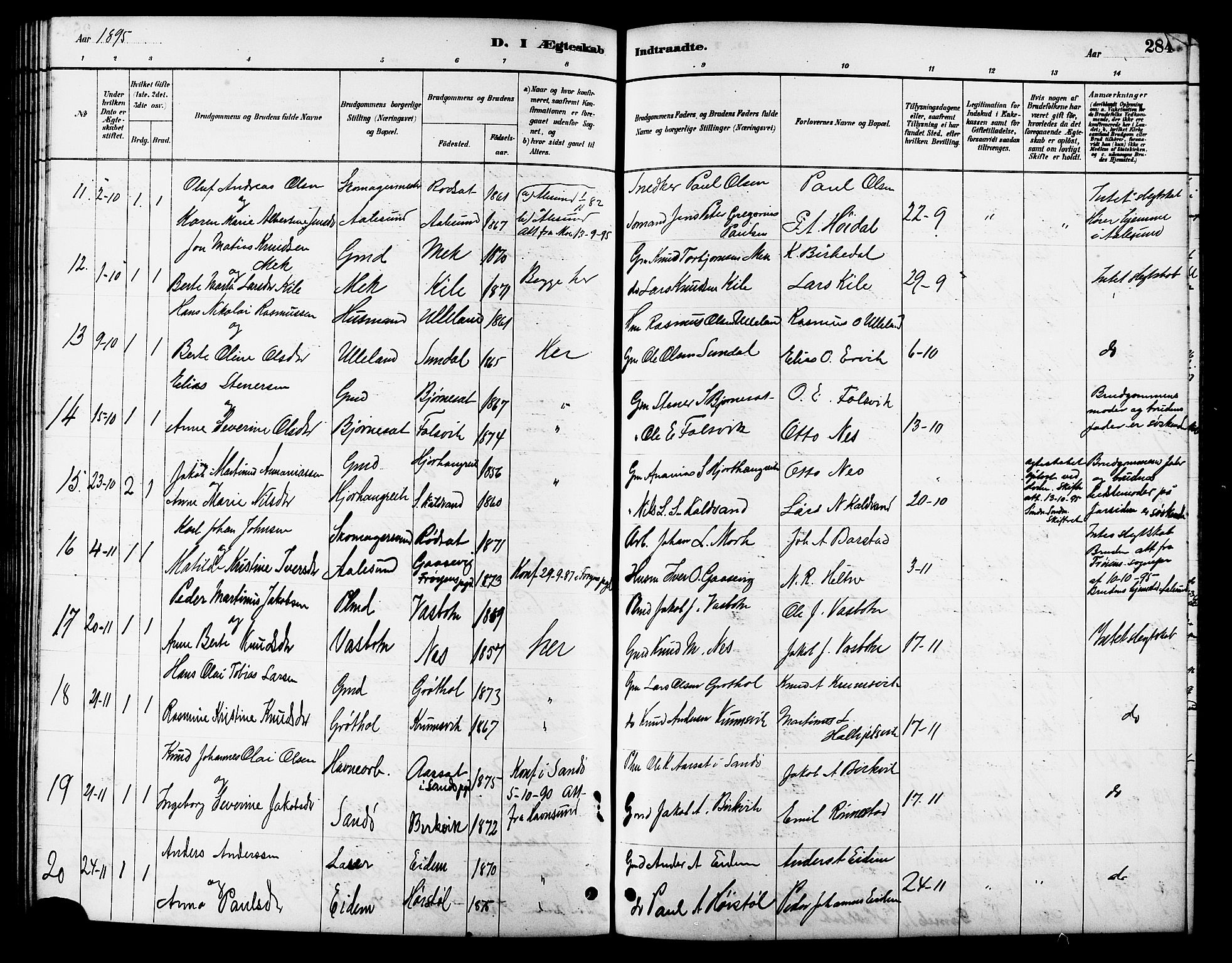 Ministerialprotokoller, klokkerbøker og fødselsregistre - Møre og Romsdal, SAT/A-1454/511/L0158: Klokkerbok nr. 511C04, 1884-1903, s. 284