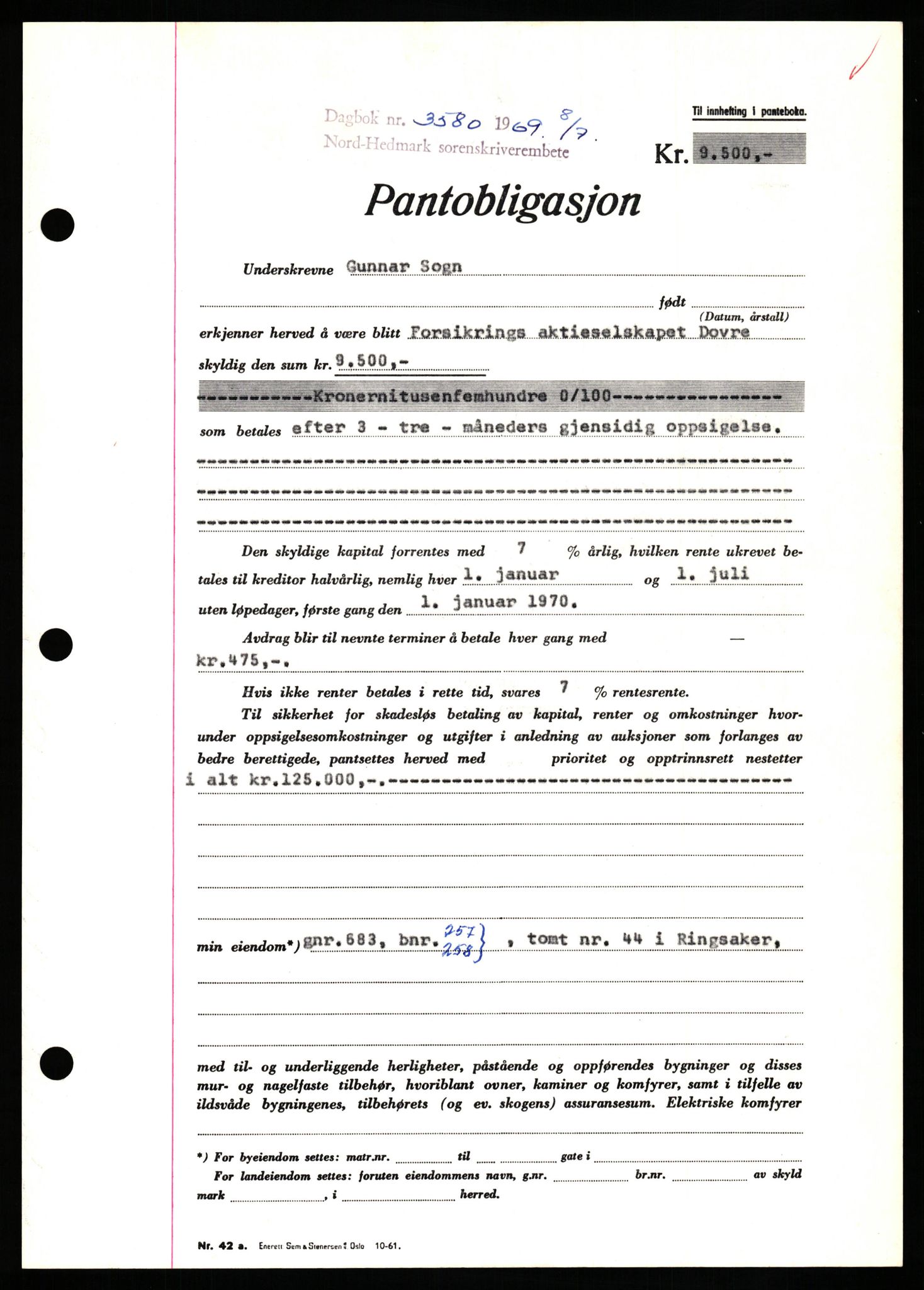 Nord-Hedmark sorenskriveri, SAH/TING-012/H/Hb/Hbf/L0080: Pantebok nr. B80, 1969-1969, Dagboknr: 3580/1969