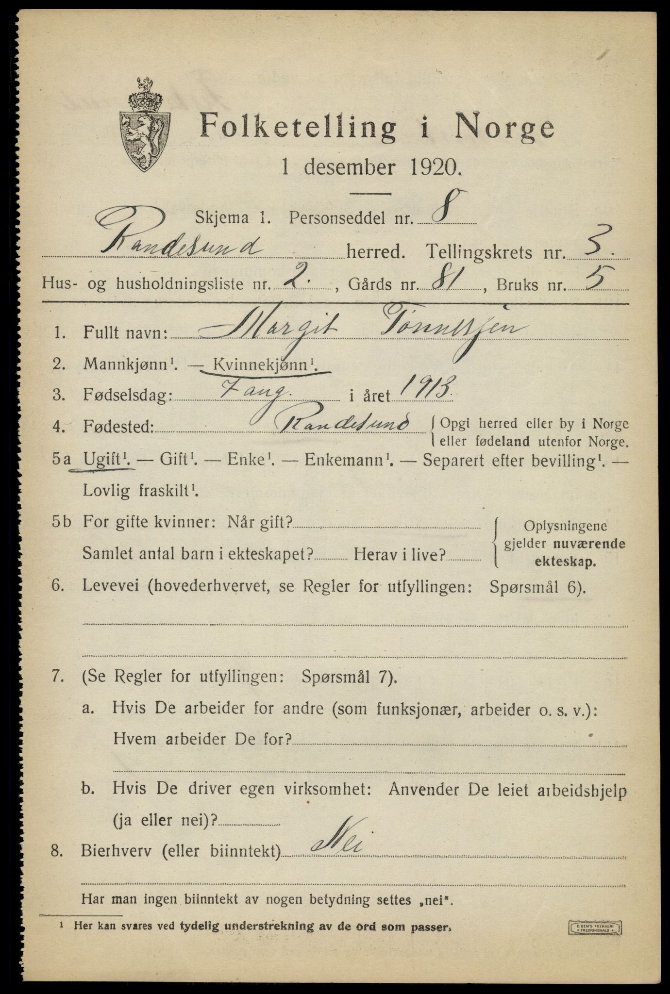SAK, Folketelling 1920 for 1011 Randesund herred, 1920, s. 1480