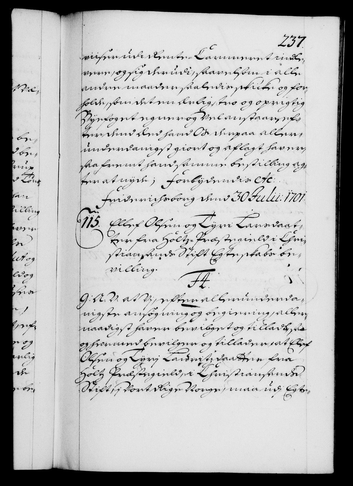 Danske Kanselli 1572-1799, RA/EA-3023/F/Fc/Fca/Fcaa/L0018: Norske registre, 1699-1703, s. 237a
