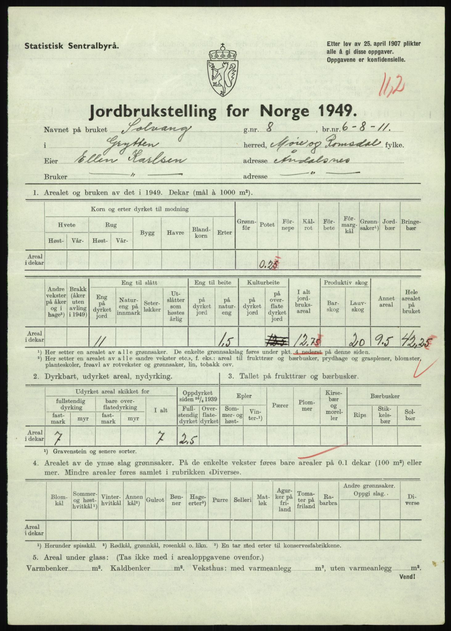 Statistisk sentralbyrå, Næringsøkonomiske emner, Jordbruk, skogbruk, jakt, fiske og fangst, AV/RA-S-2234/G/Gc/L0323: Møre og Romsdal: Grytten og Hen, 1949, s. 75