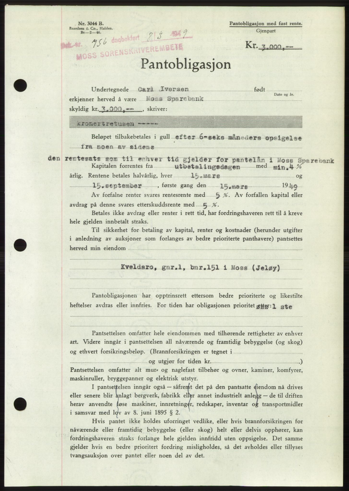 Moss sorenskriveri, SAO/A-10168: Pantebok nr. B21, 1949-1949, Dagboknr: 756/1949