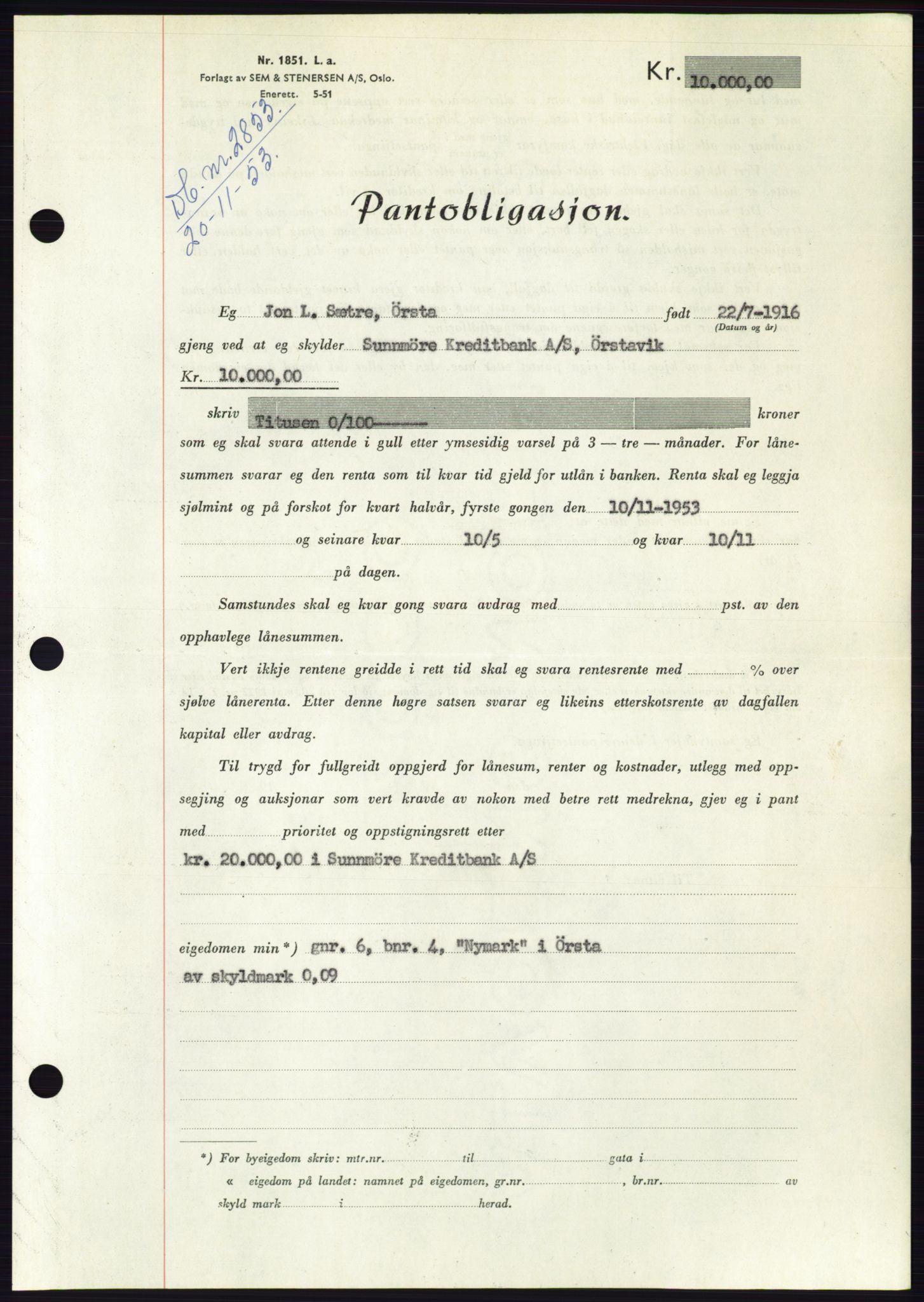 Søre Sunnmøre sorenskriveri, AV/SAT-A-4122/1/2/2C/L0124: Pantebok nr. 12B, 1953-1954, Dagboknr: 2853/1953