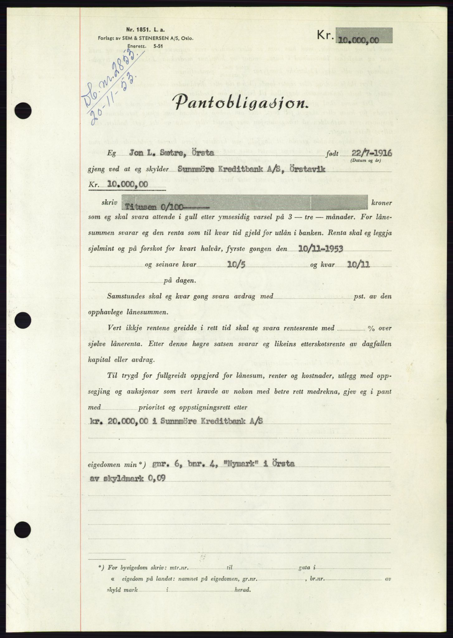 Søre Sunnmøre sorenskriveri, SAT/A-4122/1/2/2C/L0124: Pantebok nr. 12B, 1953-1954, Dagboknr: 2853/1953