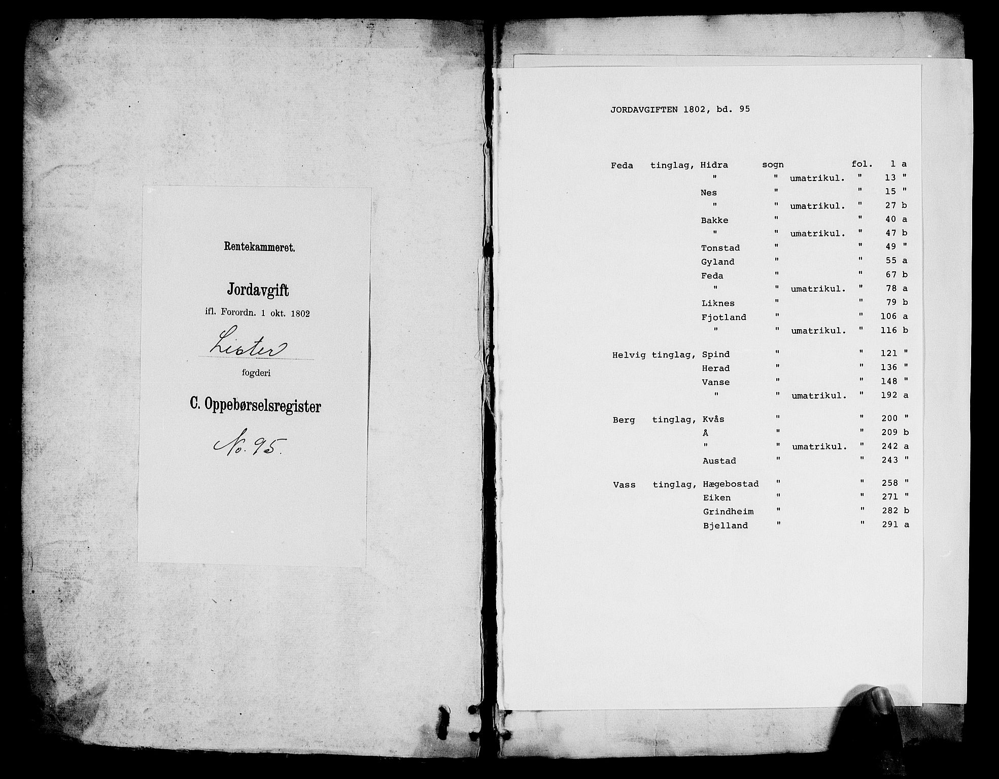 Rentekammeret inntil 1814, Realistisk ordnet avdeling, RA/EA-4070/N/Ne/Nea/L0095: Lista fogderi. Oppebørselsregister, 1803-1804, s. 1