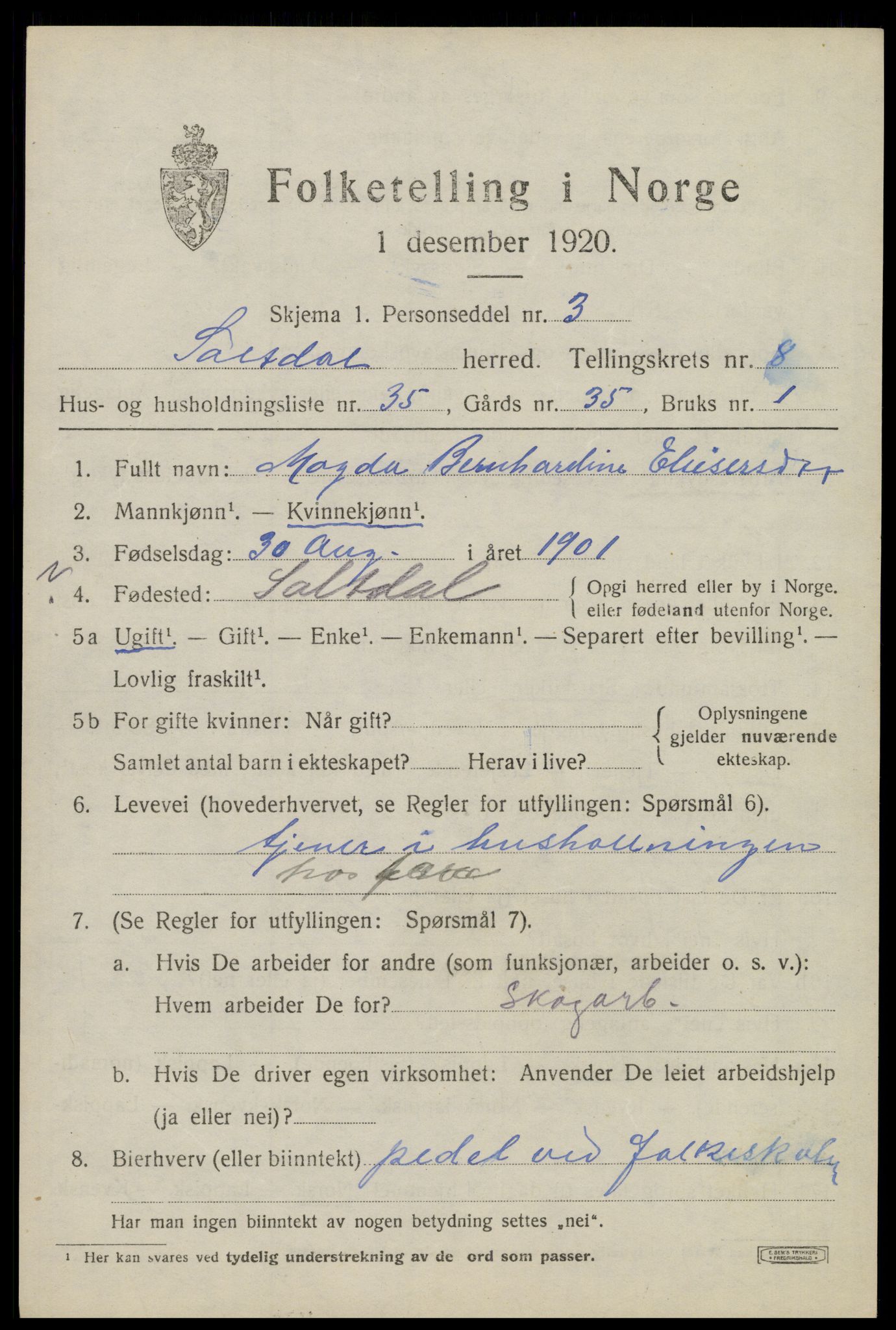 SAT, Folketelling 1920 for 1840 Saltdal herred, 1920, s. 9009