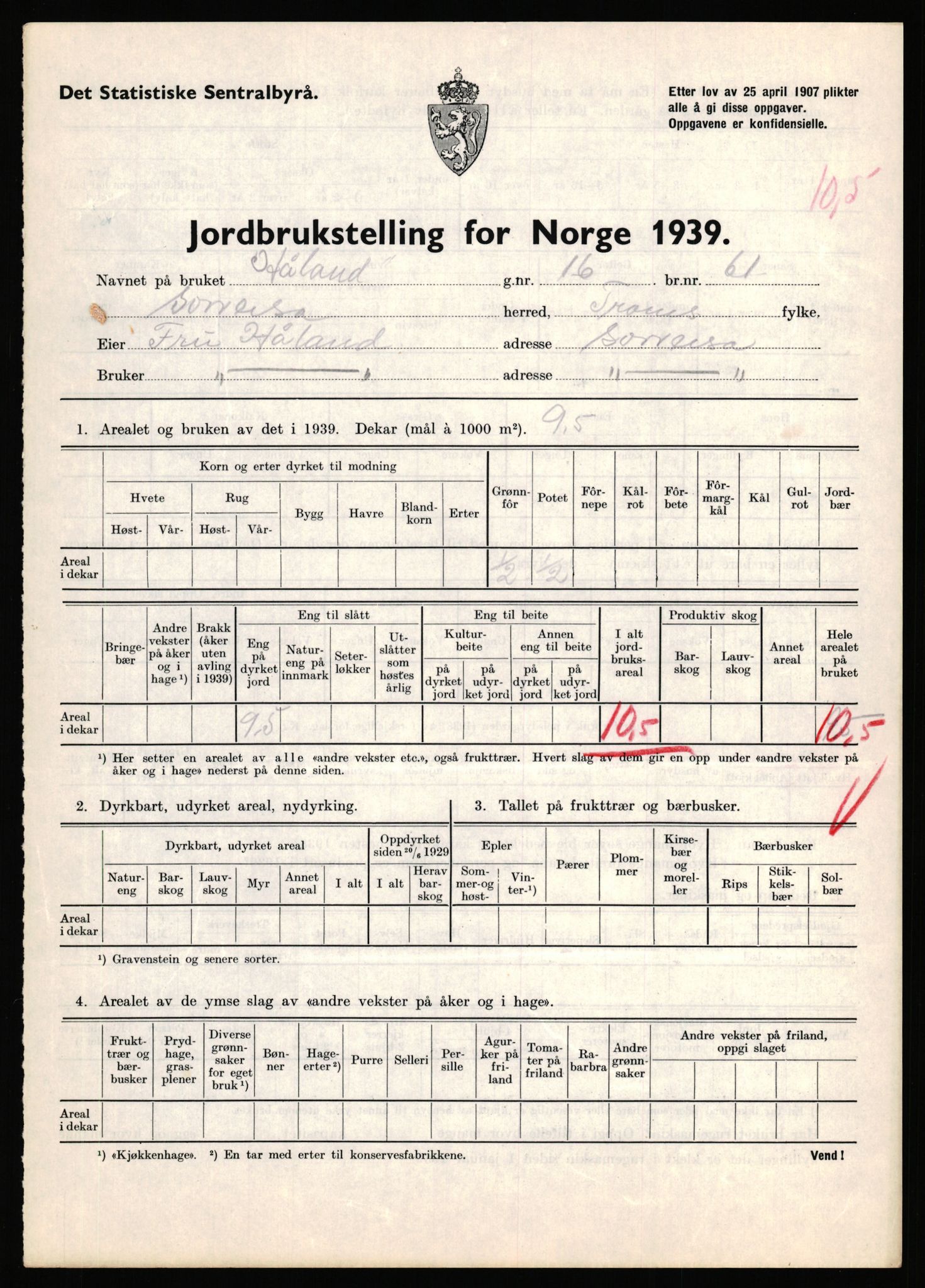 Statistisk sentralbyrå, Næringsøkonomiske emner, Jordbruk, skogbruk, jakt, fiske og fangst, AV/RA-S-2234/G/Gb/L0341: Troms: Sørreisa og Tranøy, 1939, s. 153
