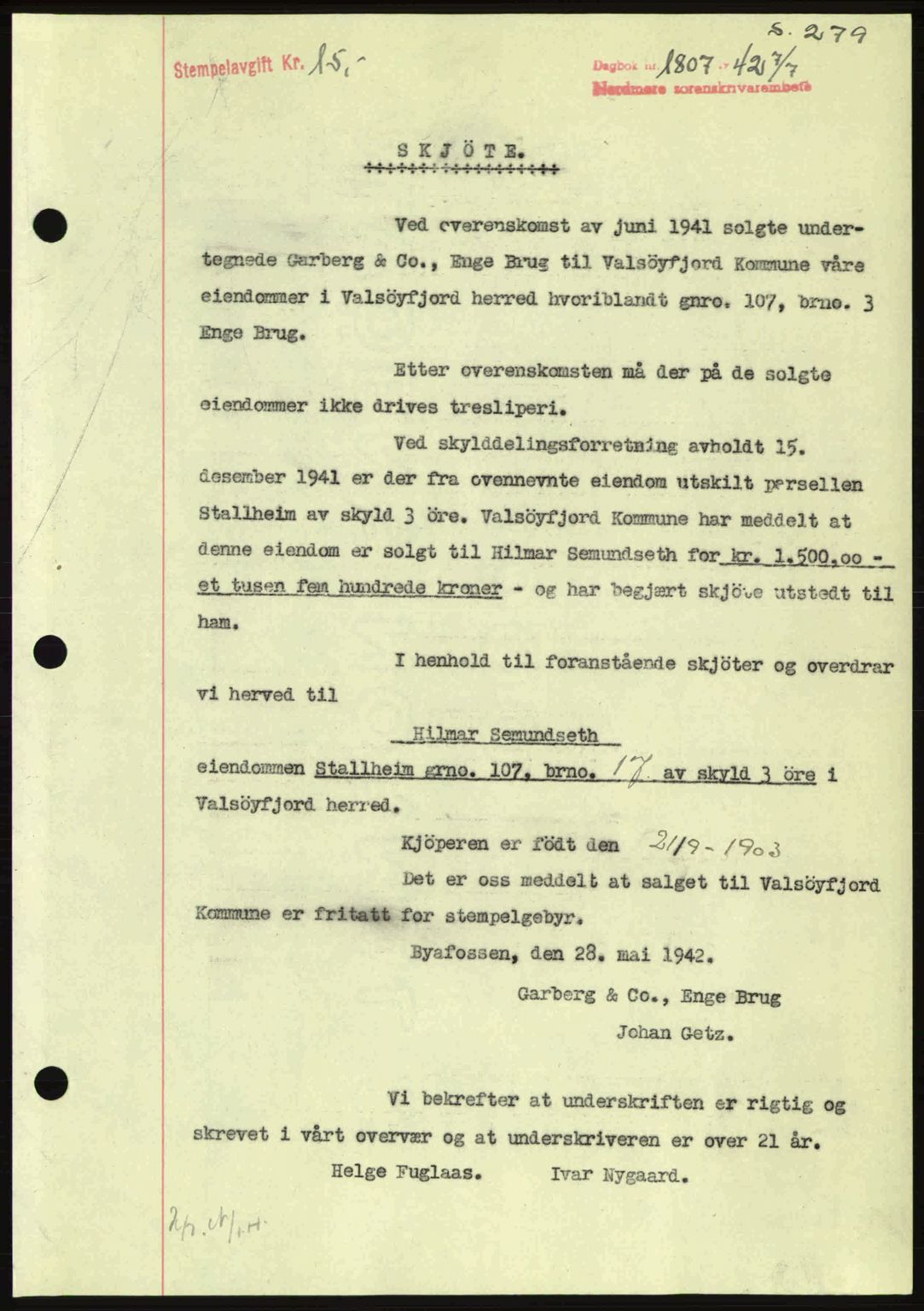 Nordmøre sorenskriveri, AV/SAT-A-4132/1/2/2Ca: Pantebok nr. A93, 1942-1942, Dagboknr: 1807/1942