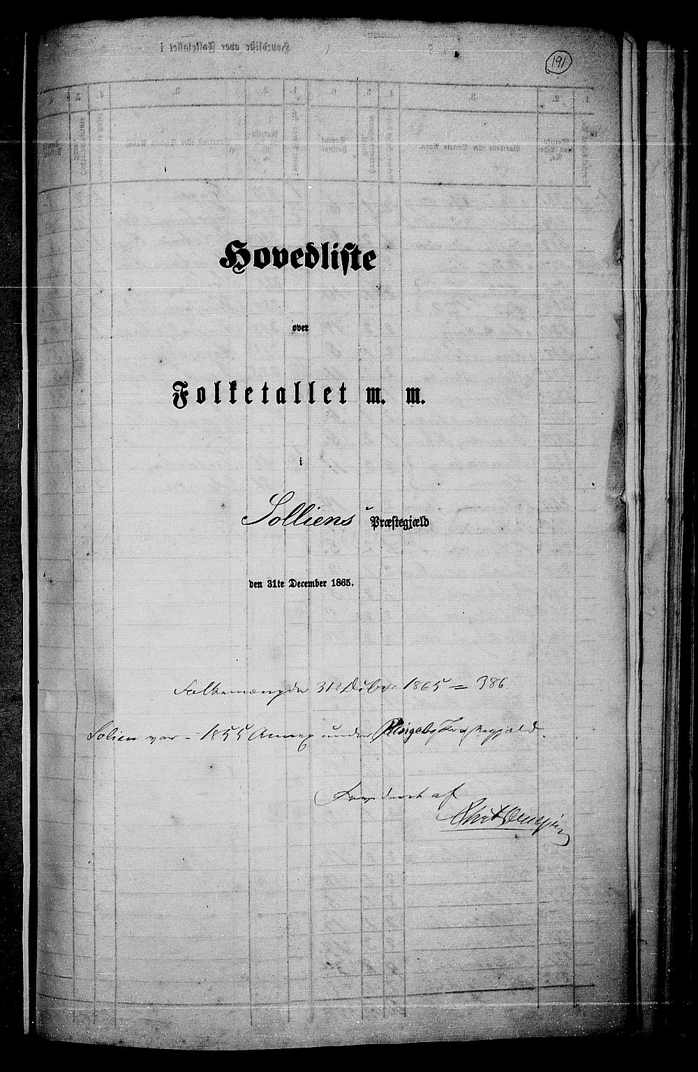 RA, Folketelling 1865 for 0580P Sollia prestegjeld, 1865, s. 1