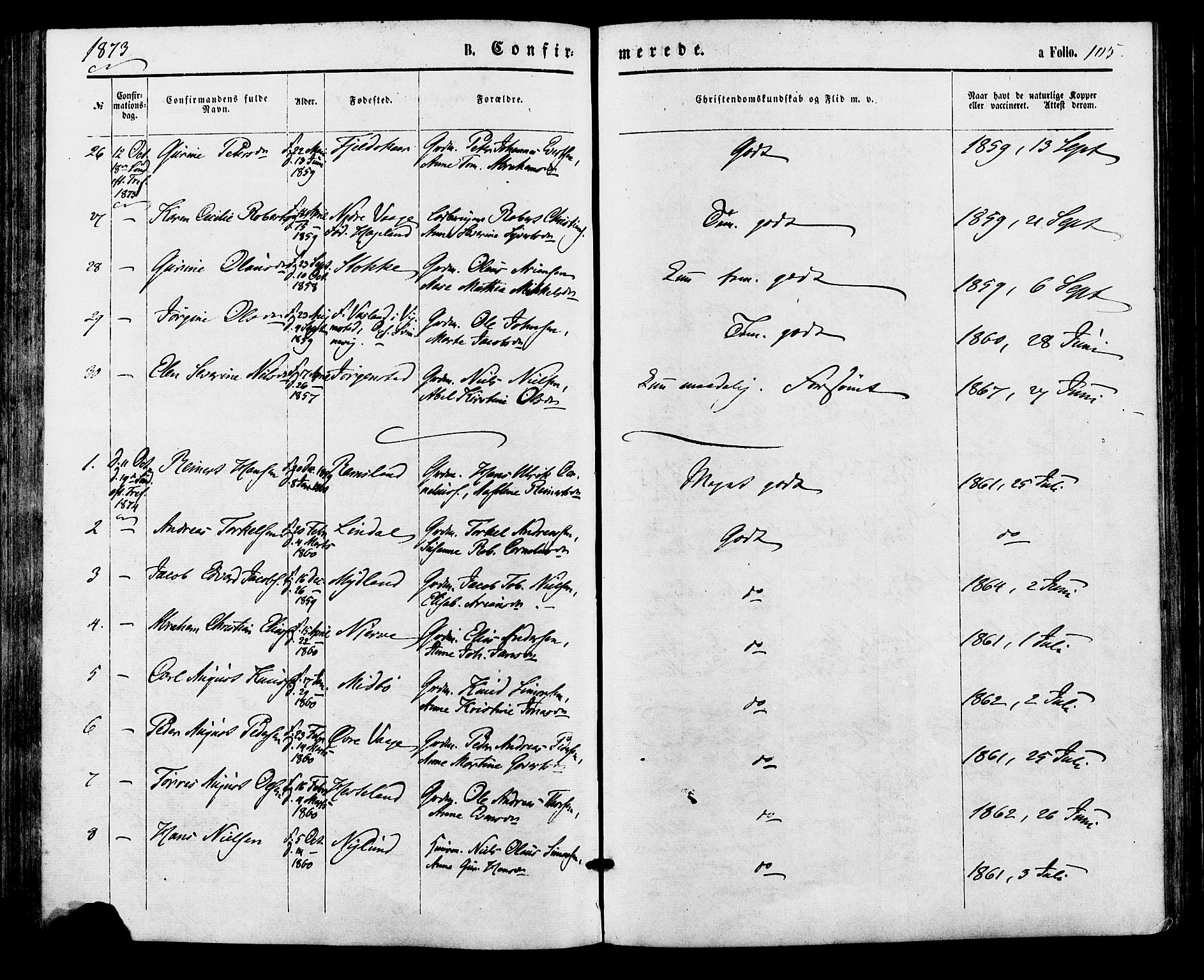 Sør-Audnedal sokneprestkontor, AV/SAK-1111-0039/F/Fa/Faa/L0003: Ministerialbok nr. A 3, 1868-1883, s. 105