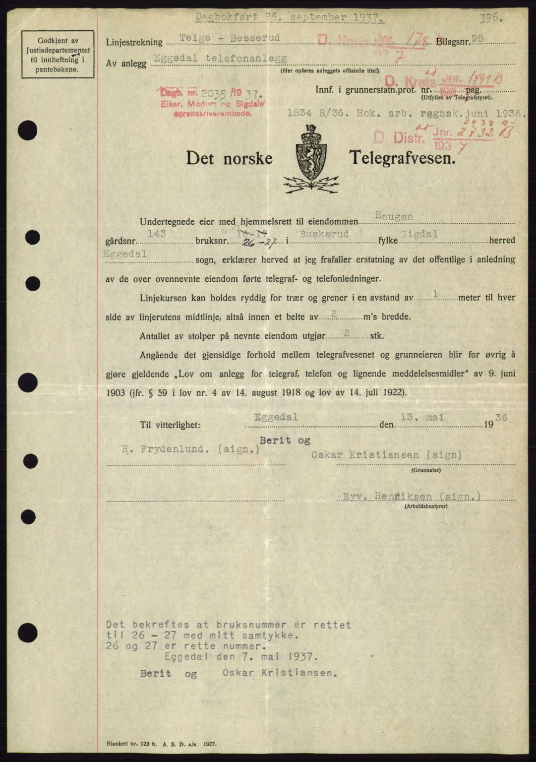 Eiker, Modum og Sigdal sorenskriveri, SAKO/A-123/G/Ga/Gab/L0036: Pantebok nr. A6, 1937-1937, Dagboknr: 2035/1937