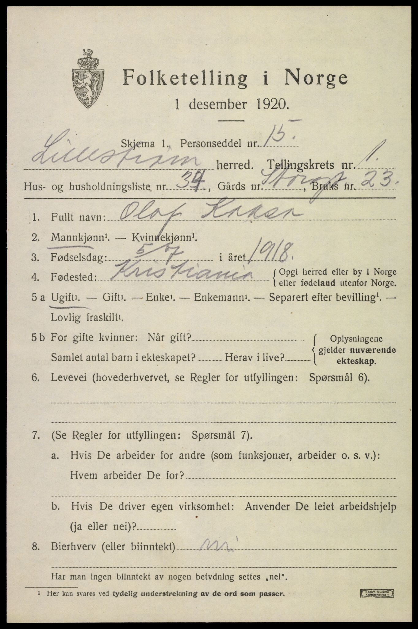 SAO, Folketelling 1920 for 0232 Lillestrøm herred, 1920, s. 2020
