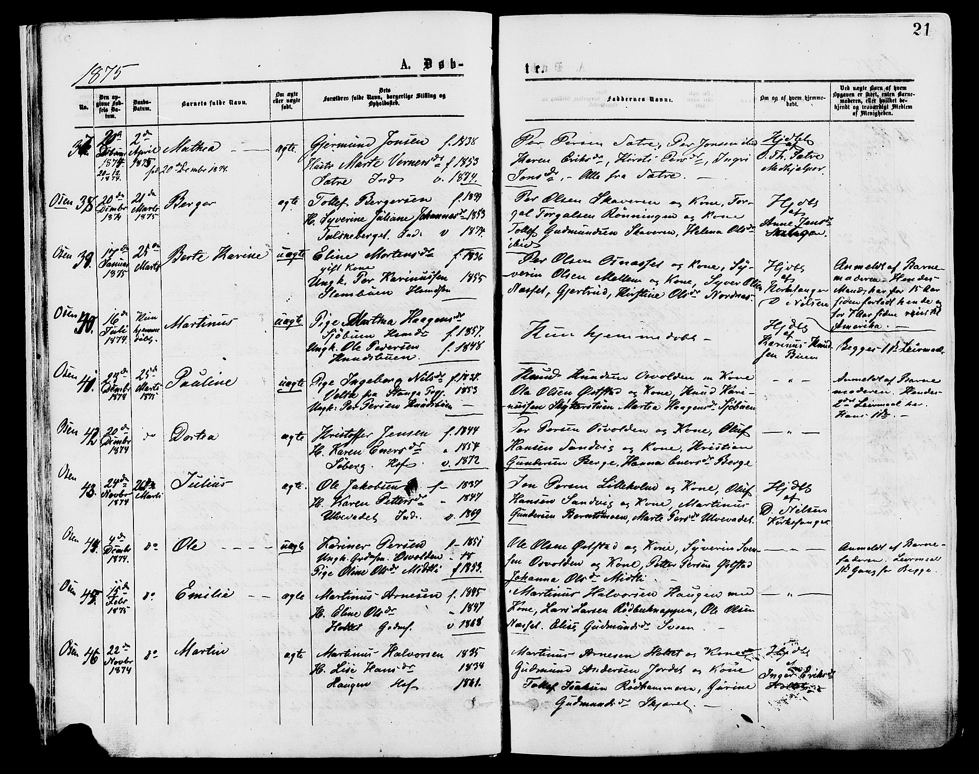 Trysil prestekontor, AV/SAH-PREST-046/H/Ha/Haa/L0007: Ministerialbok nr. 7, 1874-1880, s. 21