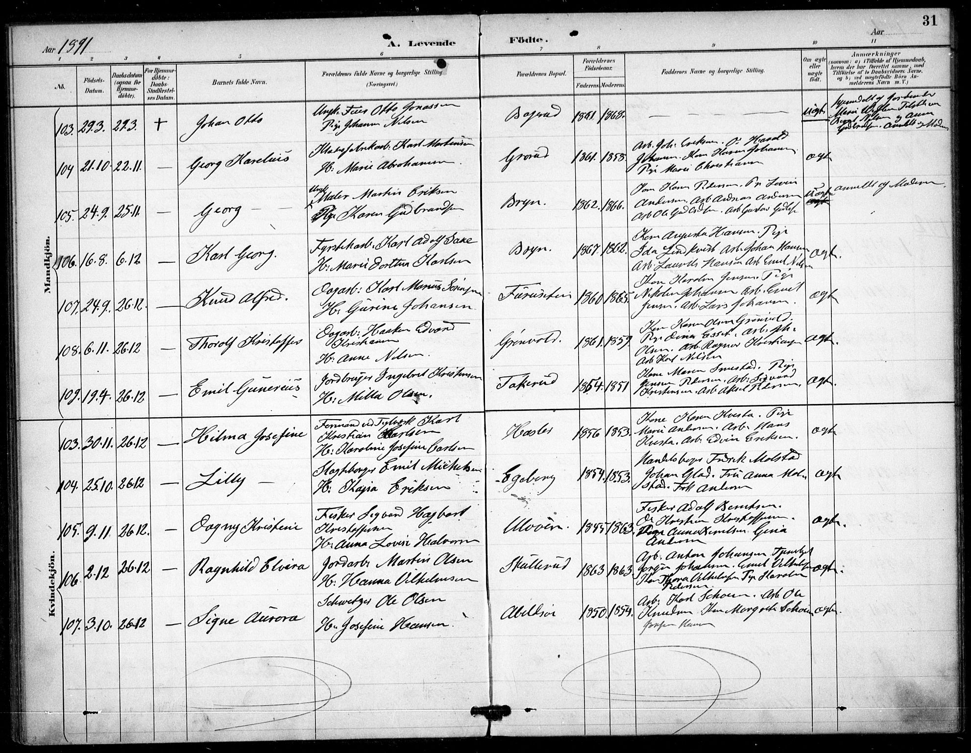 Østre Aker prestekontor Kirkebøker, AV/SAO-A-10840/F/Fa/L0009: Ministerialbok nr. I 9, 1890-1894, s. 31