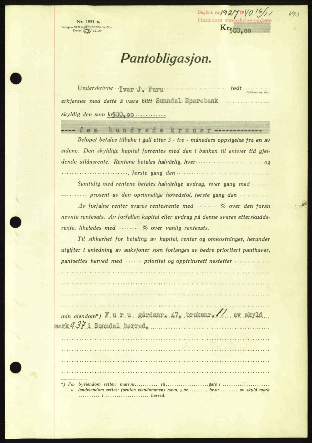 Nordmøre sorenskriveri, AV/SAT-A-4132/1/2/2Ca: Pantebok nr. B87, 1940-1941, Dagboknr: 1927/1940