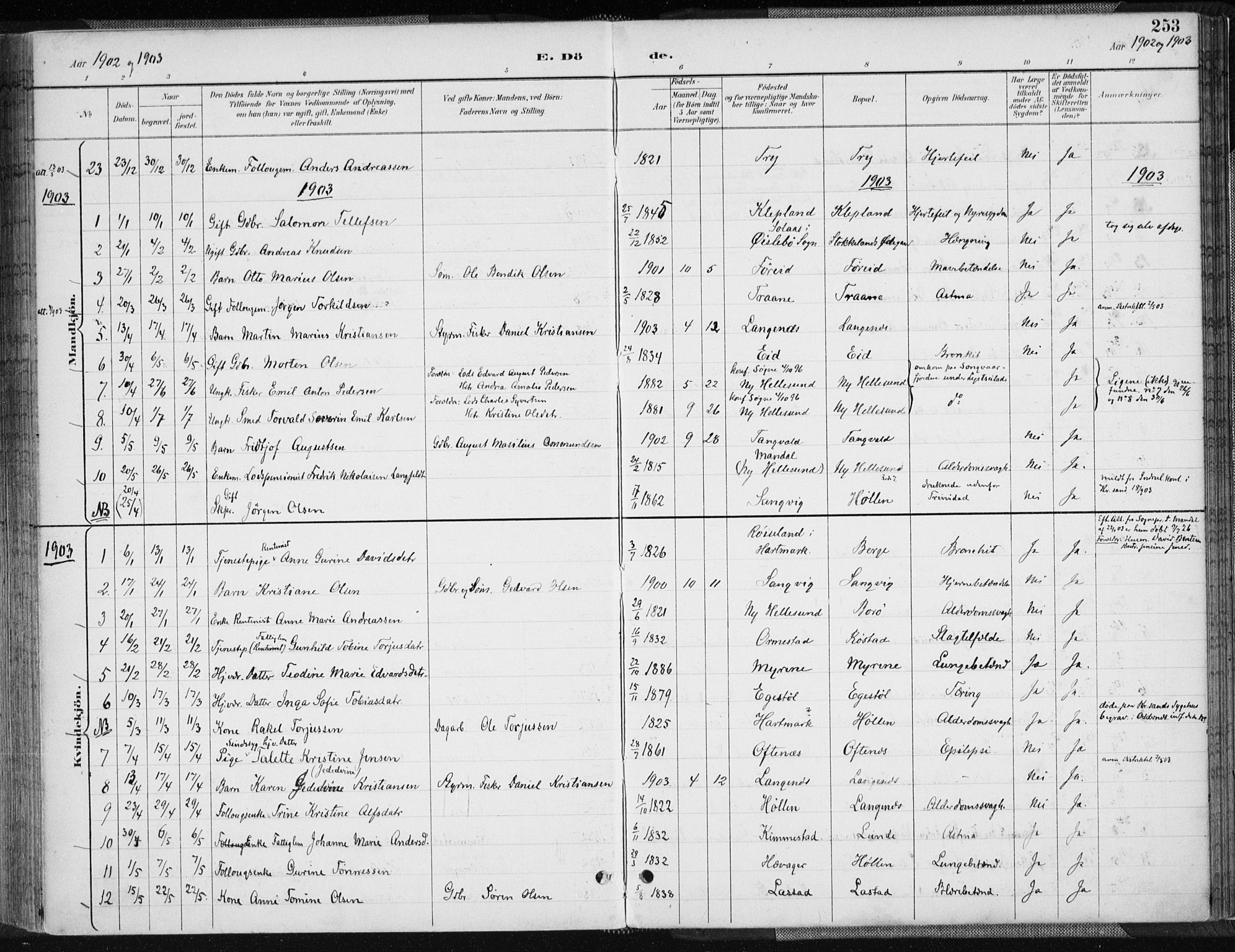 Søgne sokneprestkontor, AV/SAK-1111-0037/F/Fa/Fab/L0013: Ministerialbok nr. A 13, 1892-1911, s. 253