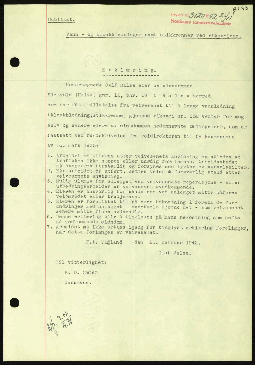 Nordmøre sorenskriveri, SAT/A-4132/1/2/2Ca: Pantebok nr. B90, 1942-1943, Dagboknr: 3120/1942