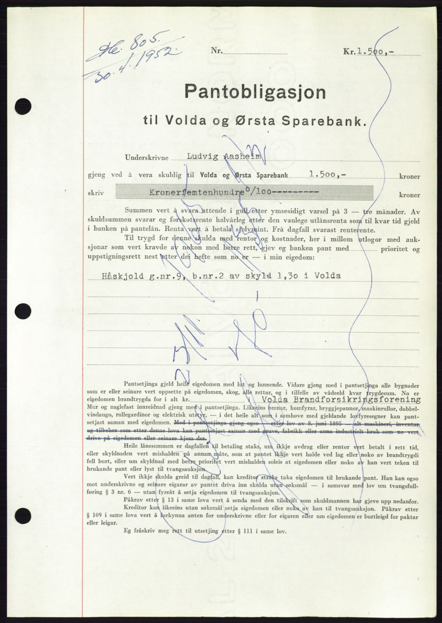Søre Sunnmøre sorenskriveri, AV/SAT-A-4122/1/2/2C/L0121: Pantebok nr. 9B, 1951-1952, Dagboknr: 805/1952