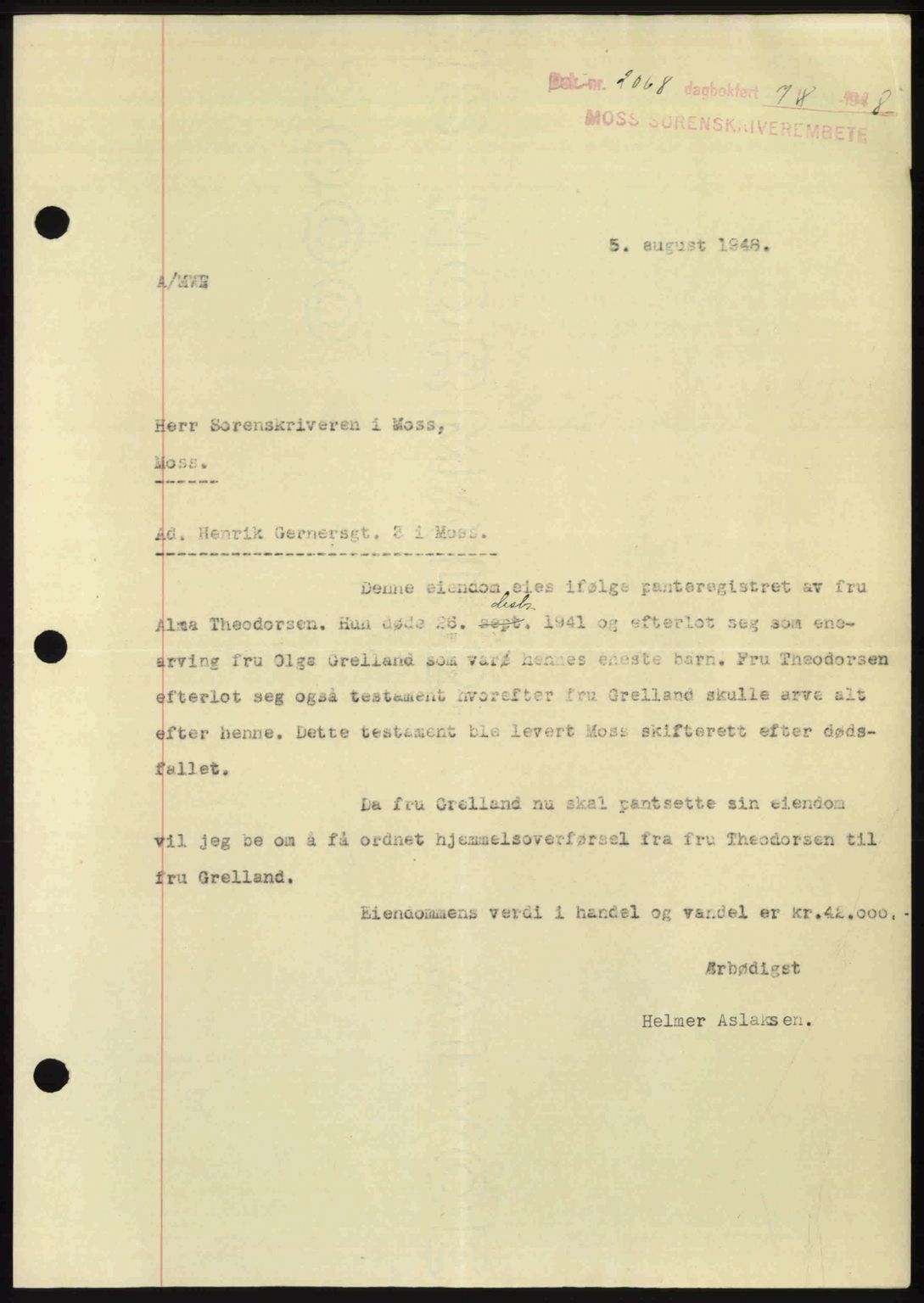 Moss sorenskriveri, SAO/A-10168: Pantebok nr. A20, 1948-1948, Dagboknr: 2068/1948