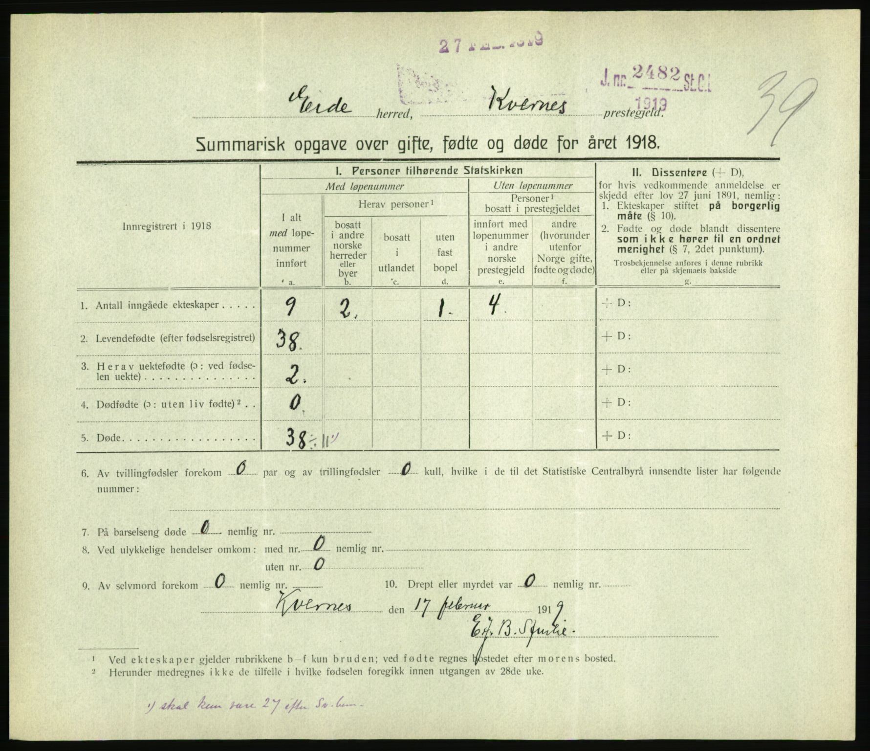 Statistisk sentralbyrå, Sosiodemografiske emner, Befolkning, RA/S-2228/D/Df/Dfb/Dfbh/L0059: Summariske oppgaver over gifte, fødte og døde for hele landet., 1918, s. 1199