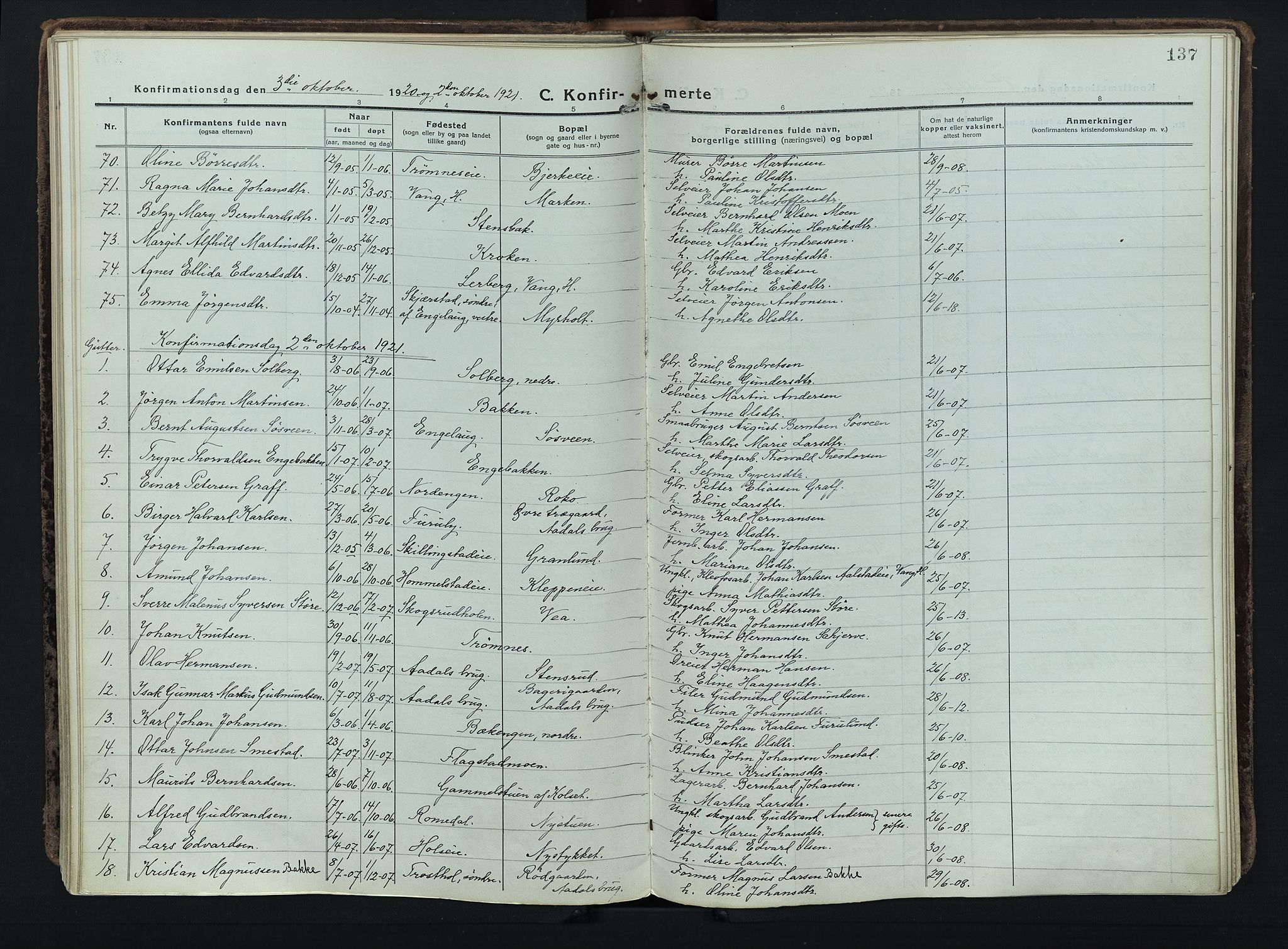 Løten prestekontor, AV/SAH-PREST-022/K/Ka/L0012: Ministerialbok nr. 12, 1918-1926, s. 137