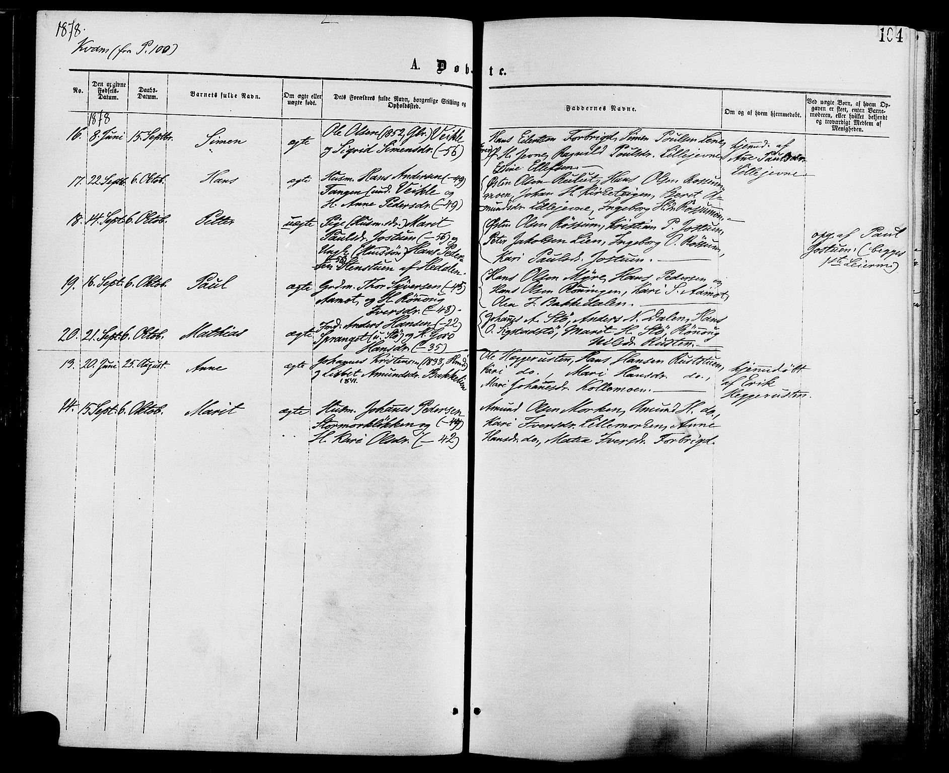 Nord-Fron prestekontor, AV/SAH-PREST-080/H/Ha/Haa/L0002: Ministerialbok nr. 2, 1865-1883, s. 104