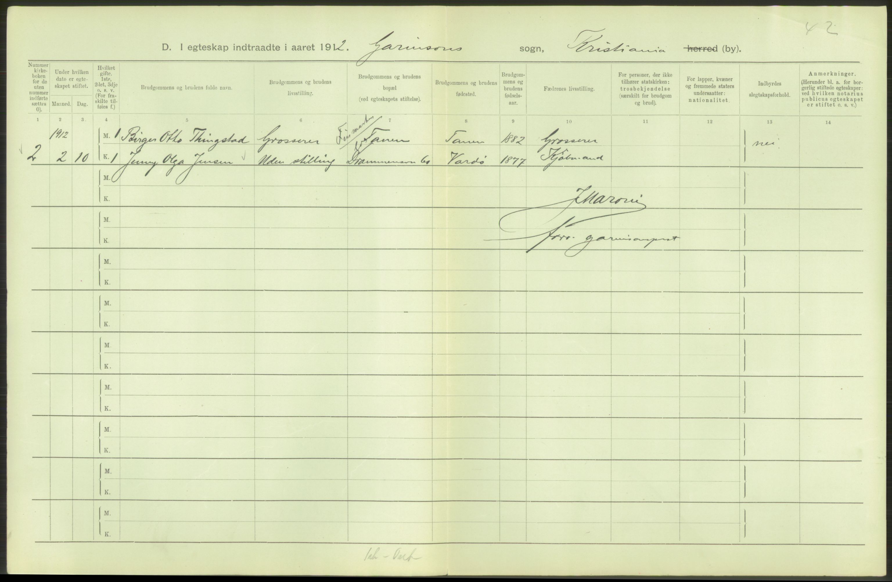 Statistisk sentralbyrå, Sosiodemografiske emner, Befolkning, RA/S-2228/D/Df/Dfb/Dfbb/L0008: Kristiania: Gifte, 1912, s. 32