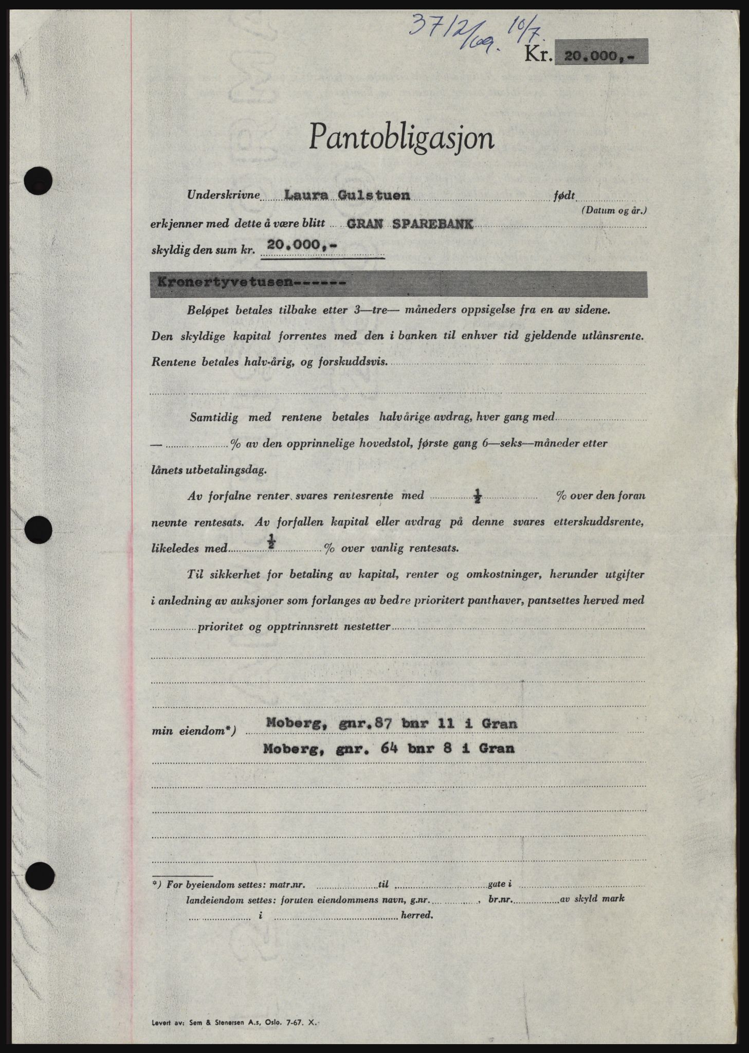 Hadeland og Land tingrett, SAH/TING-010/H/Hb/Hbc/L0074: Pantebok nr. B74, 1969-1969, Dagboknr: 3712/1969