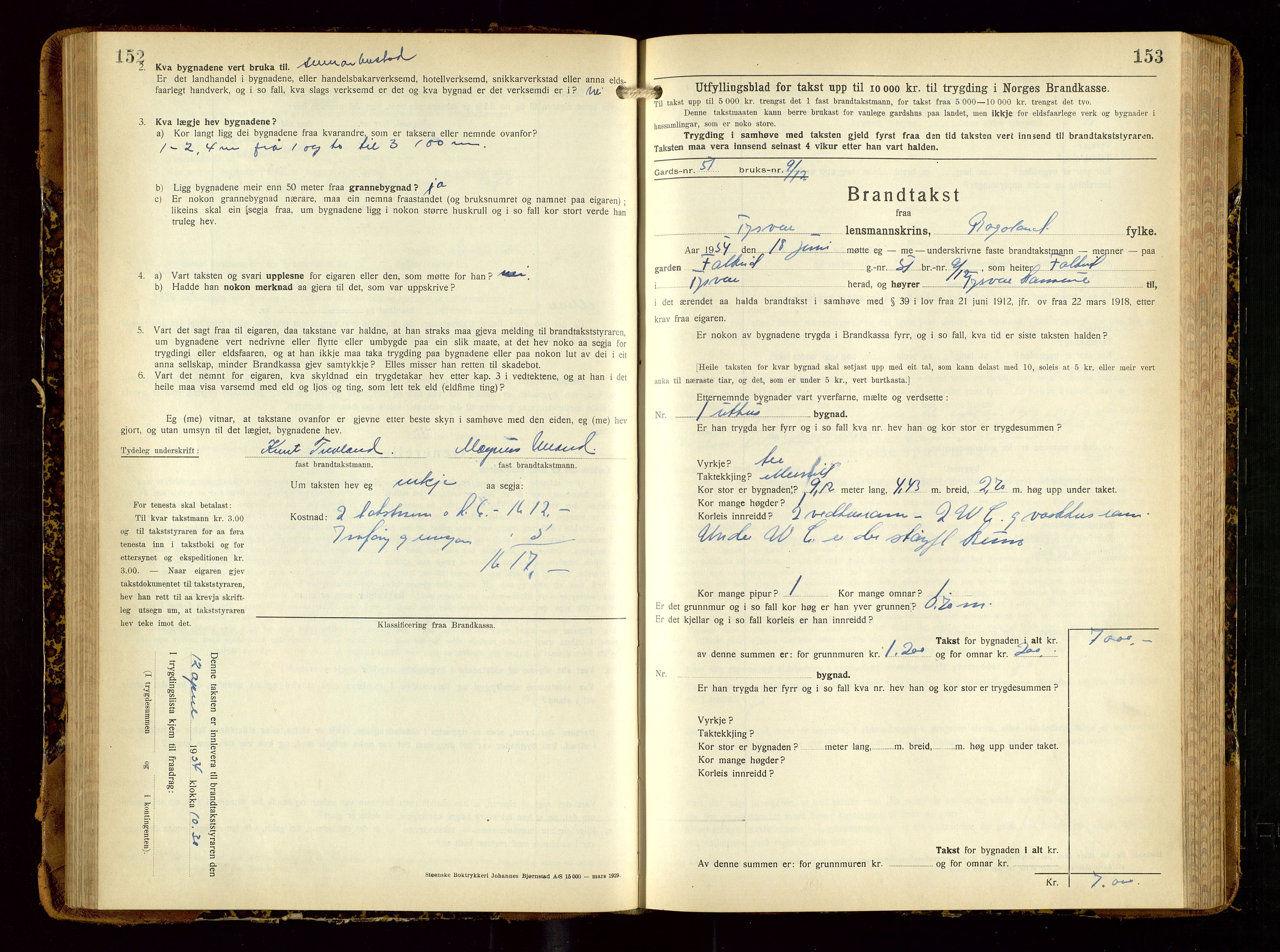 Tysvær lensmannskontor, AV/SAST-A-100192/Gob/L0003: "Brandtakstbok for Tysvær lensmannskrins", 1932-1955, s. 152-153