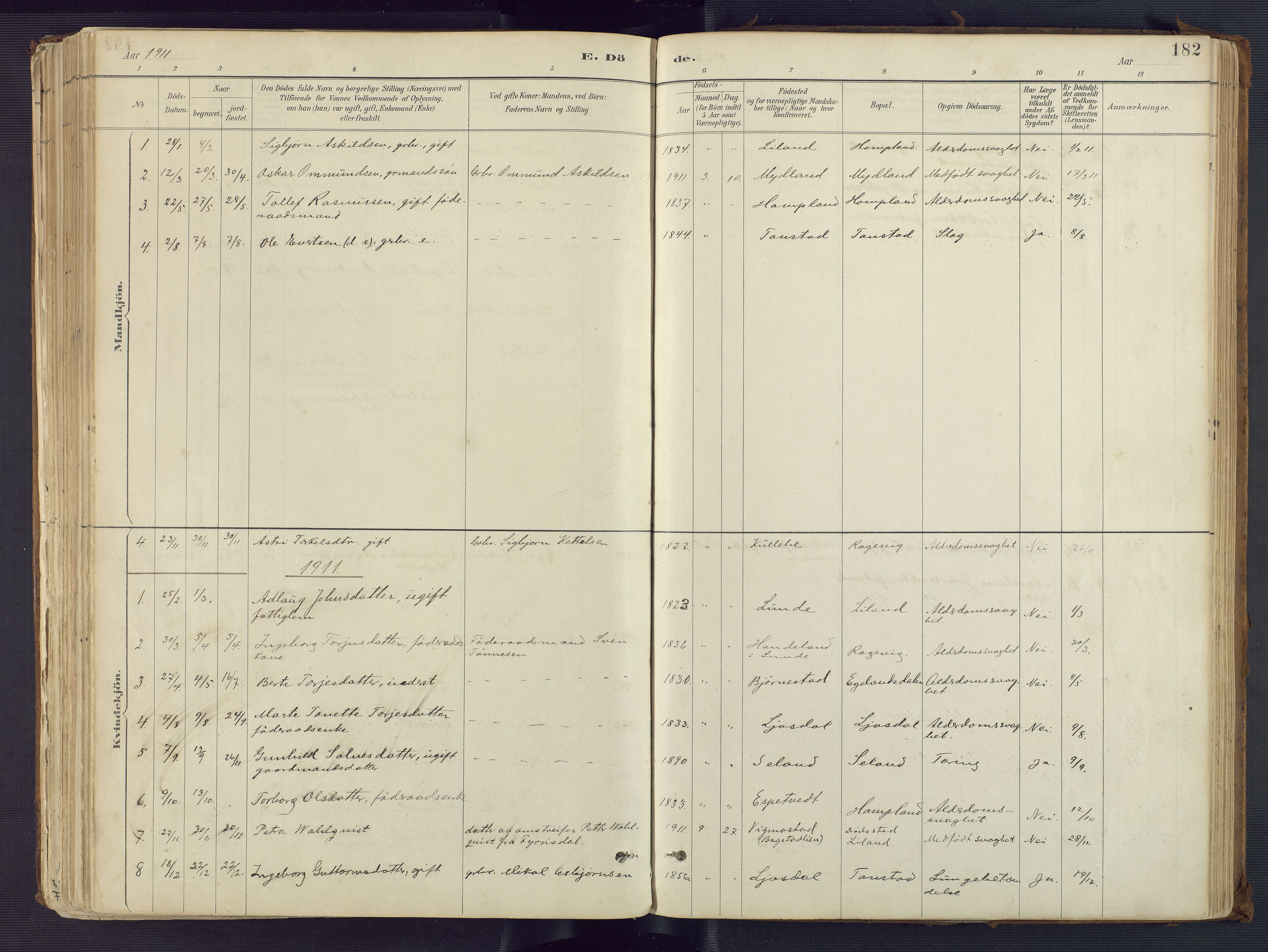 Sirdal sokneprestkontor, SAK/1111-0036/F/Fa/Fab/L0004: Ministerialbok nr. A 4, 1887-1919, s. 182