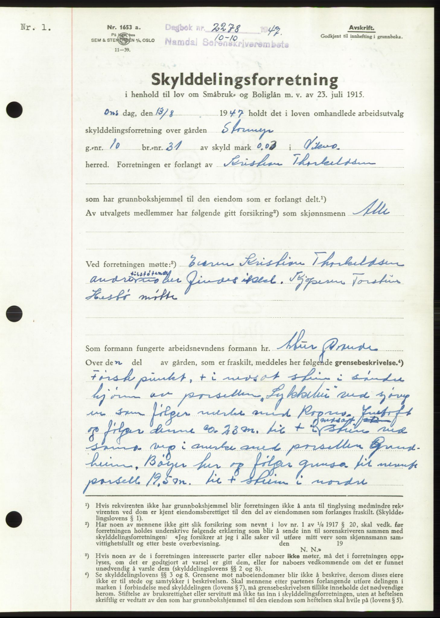 Namdal sorenskriveri, SAT/A-4133/1/2/2C: Pantebok nr. -, 1947-1947, Dagboknr: 2278/1947