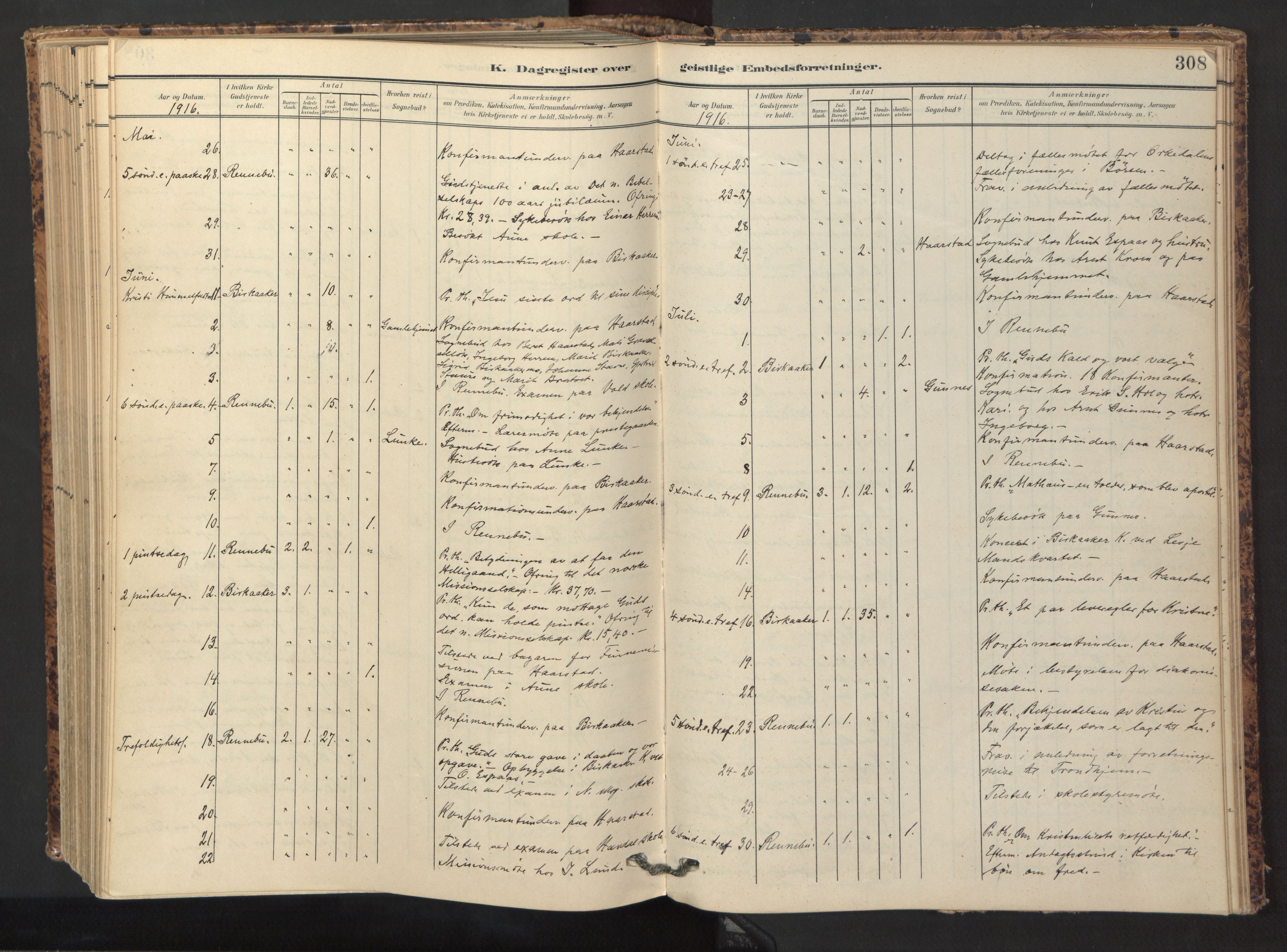 Ministerialprotokoller, klokkerbøker og fødselsregistre - Sør-Trøndelag, AV/SAT-A-1456/674/L0873: Ministerialbok nr. 674A05, 1908-1923, s. 308
