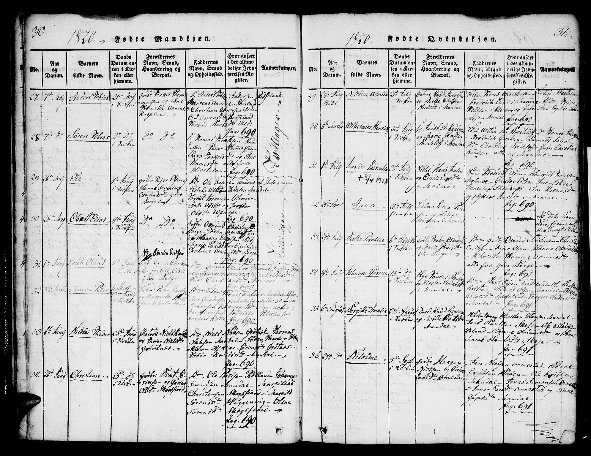 Mandal sokneprestkontor, AV/SAK-1111-0030/F/Fa/Faa/L0010: Ministerialbok nr. A 10, 1817-1830, s. 30-31