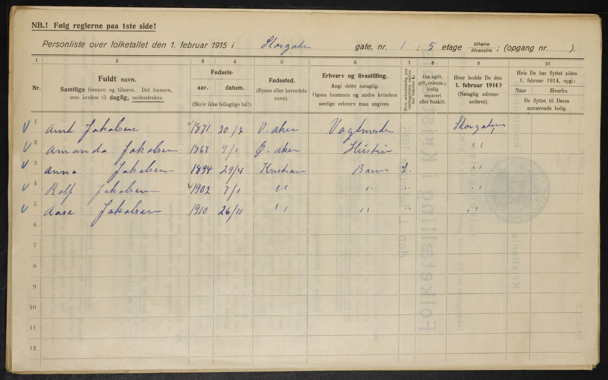 OBA, Kommunal folketelling 1.2.1915 for Kristiania, 1915, s. 103019