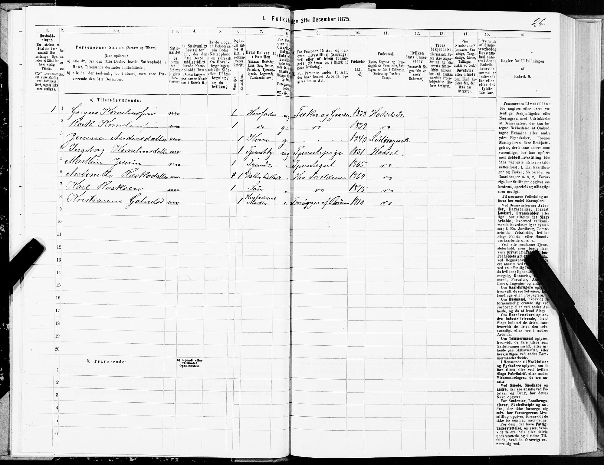 SAT, Folketelling 1875 for 1866P Hadsel prestegjeld, 1875, s. 1026
