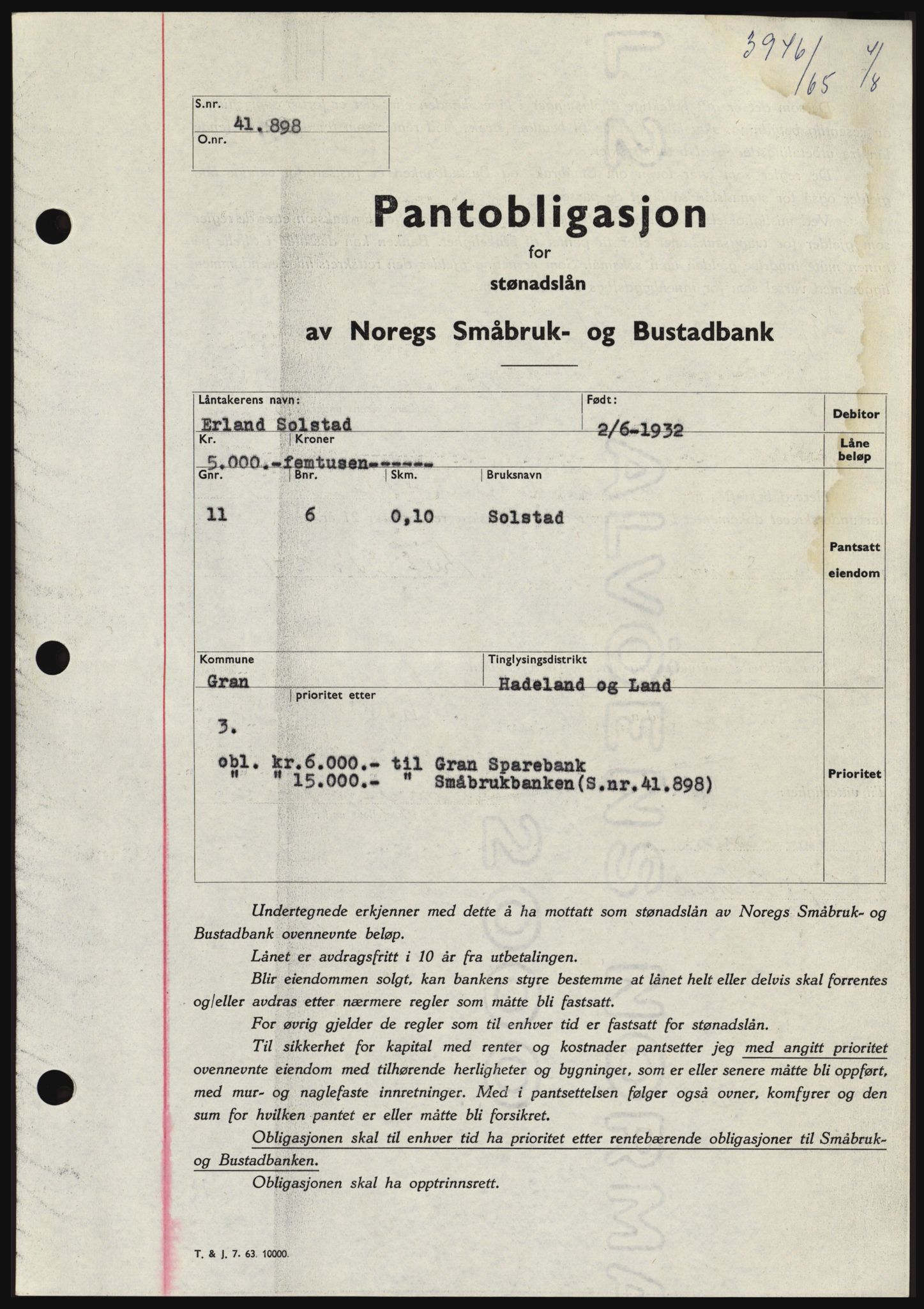 Hadeland og Land tingrett, SAH/TING-010/H/Hb/Hbc/L0059: Pantebok nr. B59, 1965-1965, Dagboknr: 3946/1965