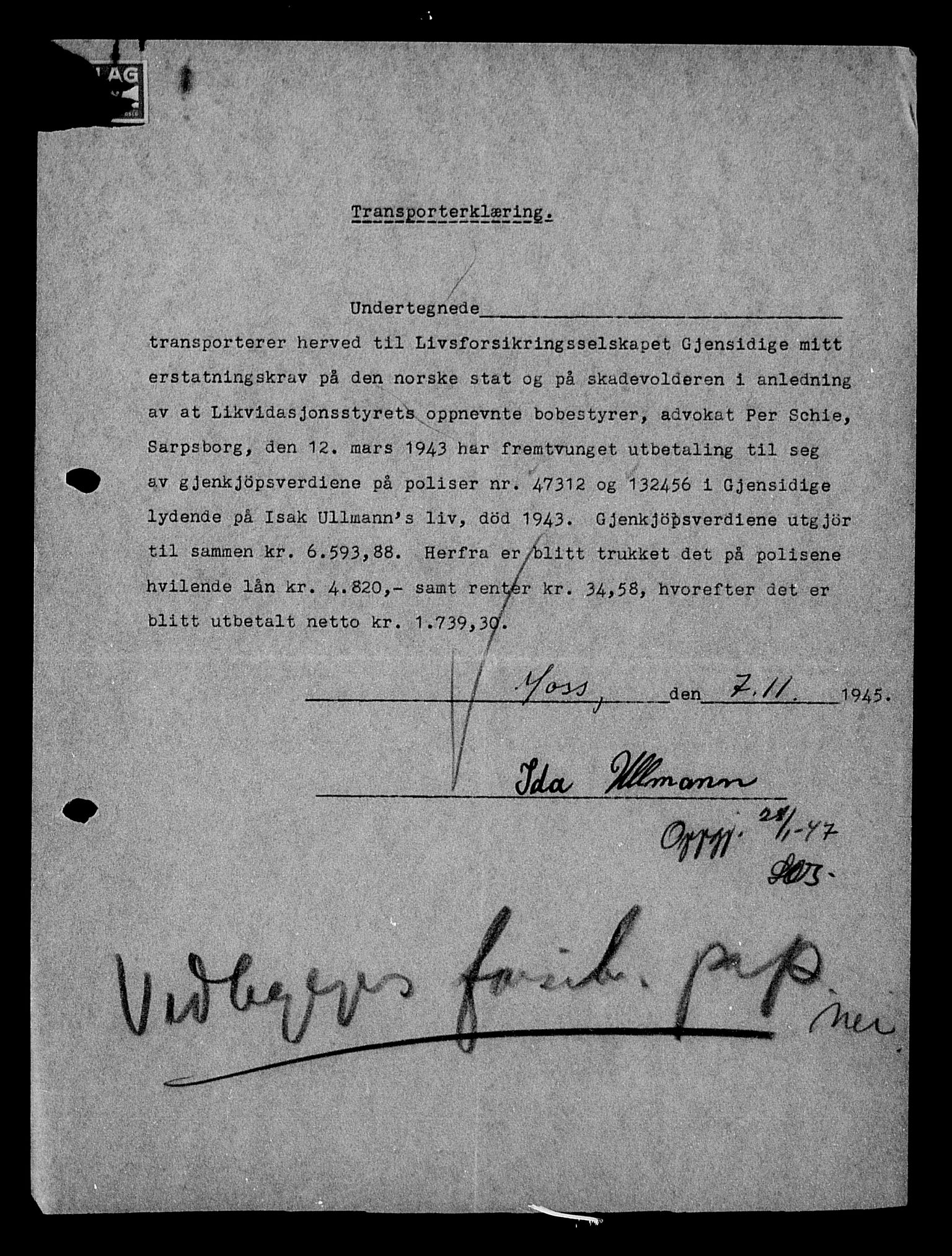 Justisdepartementet, Tilbakeføringskontoret for inndratte formuer, AV/RA-S-1564/H/Hc/Hcd/L1008: --, 1945-1947, s. 380