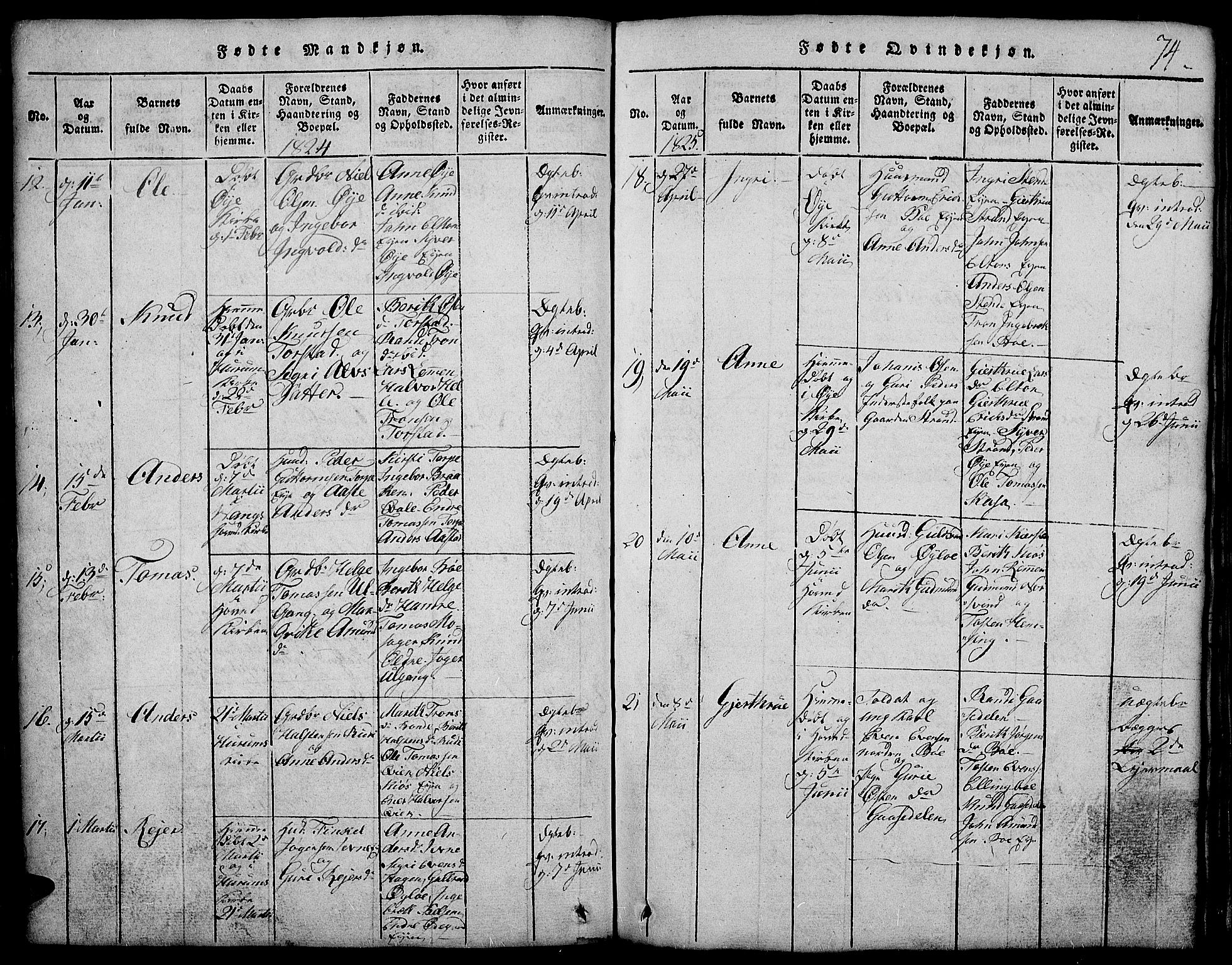 Vang prestekontor, Valdres, AV/SAH-PREST-140/H/Hb/L0002: Klokkerbok nr. 2, 1814-1889, s. 74