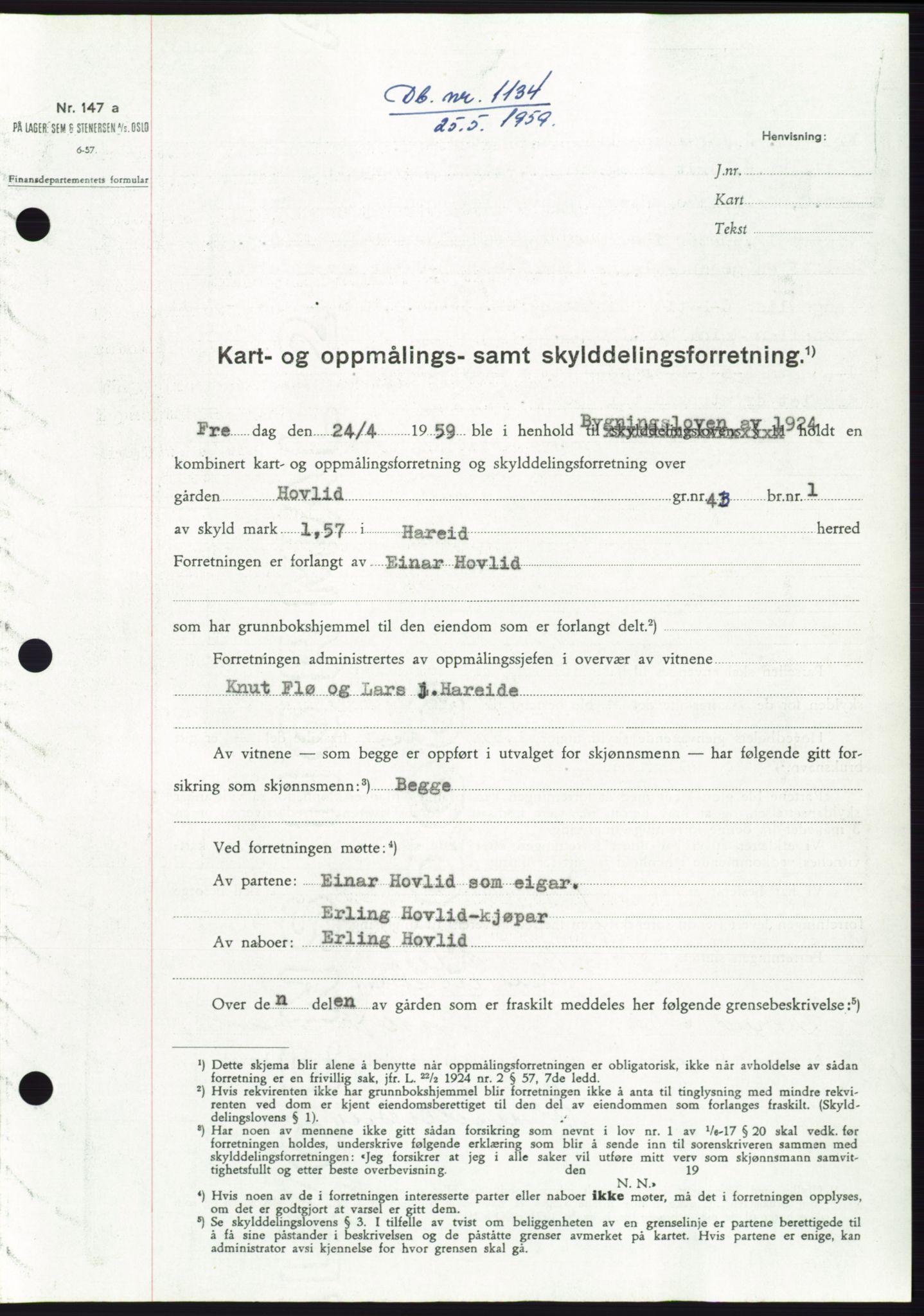 Søre Sunnmøre sorenskriveri, SAT/A-4122/1/2/2C/L0112: Pantebok nr. 38A, 1959-1959, Dagboknr: 1134/1959