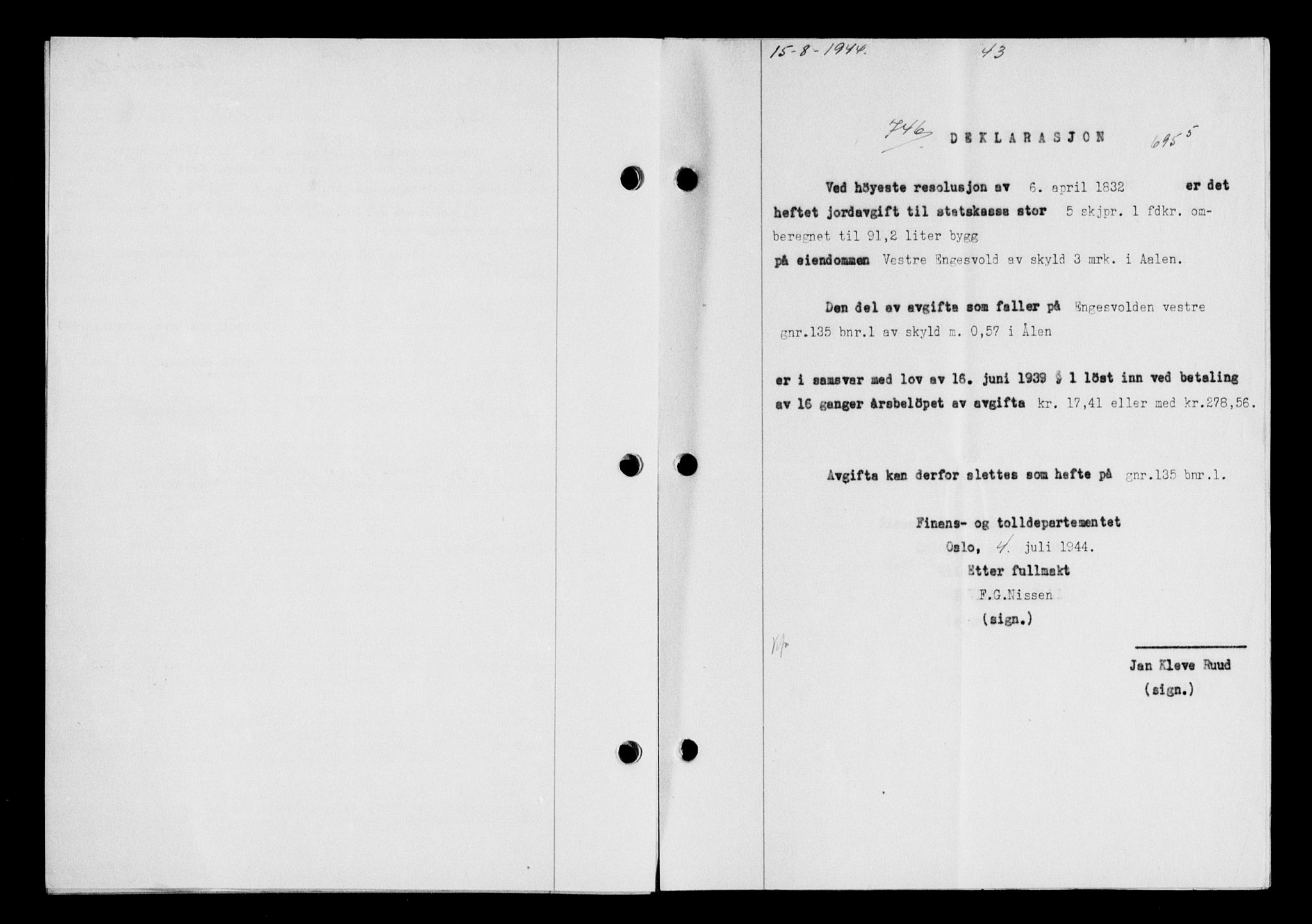 Gauldal sorenskriveri, SAT/A-0014/1/2/2C/L0058: Pantebok nr. 63, 1944-1945, Dagboknr: 746/1944