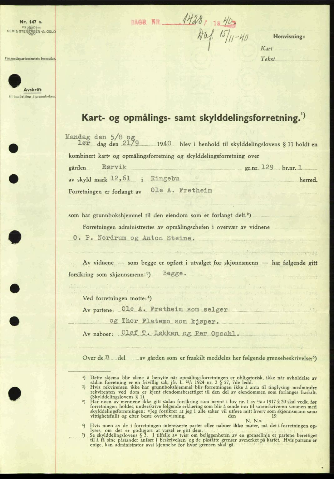 Sør-Gudbrandsdal tingrett, SAH/TING-004/H/Hb/Hbd/L0008: Pantebok nr. A8, 1940-1941, Dagboknr: 1428/1940