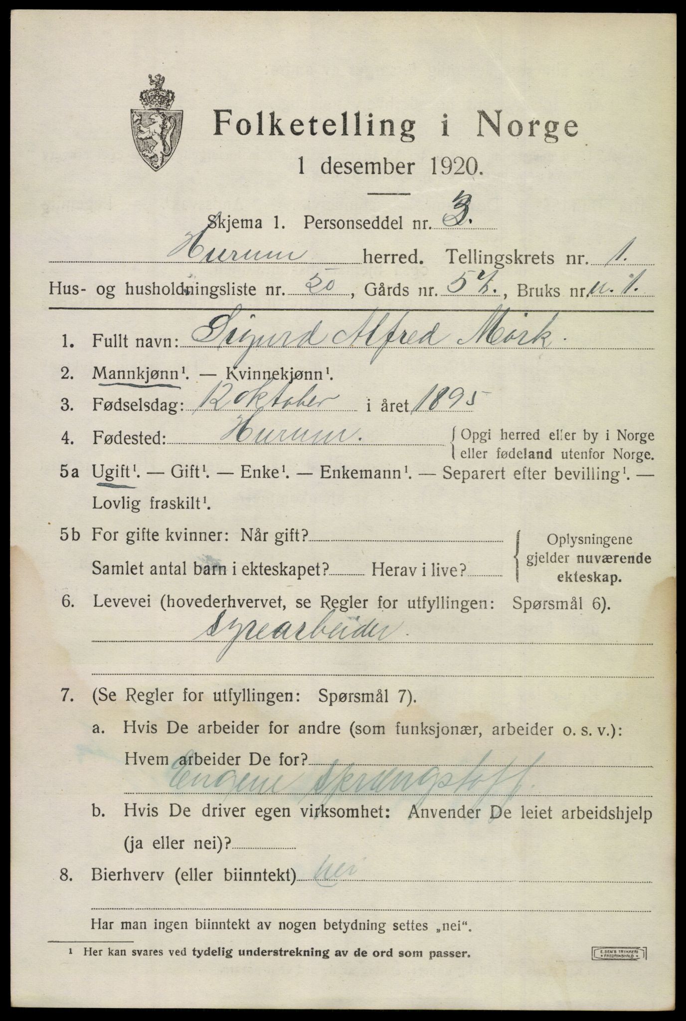 SAKO, Folketelling 1920 for 0628 Hurum herred, 1920, s. 2482