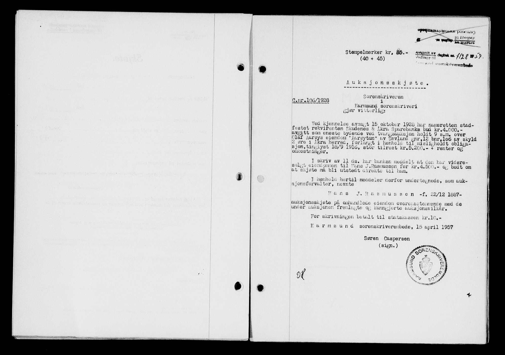 Karmsund sorenskriveri, SAST/A-100311/01/II/IIB/L0124: Pantebok nr. 104A, 1957-1957, Dagboknr: 1128/1957
