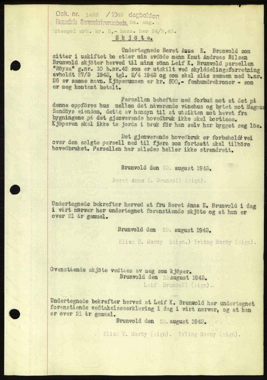 Romsdal sorenskriveri, SAT/A-4149/1/2/2C: Pantebok nr. A14, 1943-1943, Dagboknr: 1428/1943