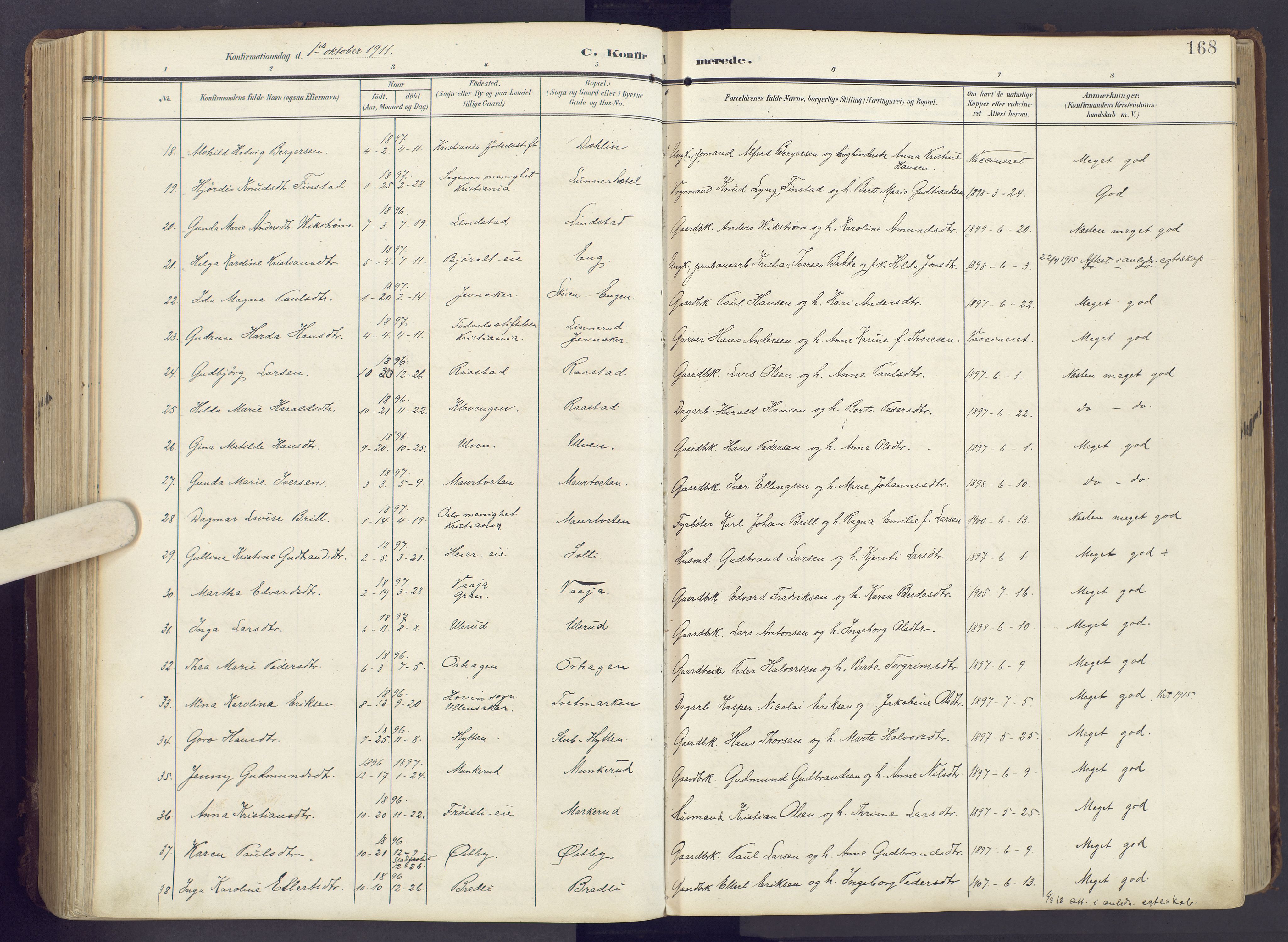 Lunner prestekontor, SAH/PREST-118/H/Ha/Haa/L0001: Ministerialbok nr. 1, 1907-1922, s. 168