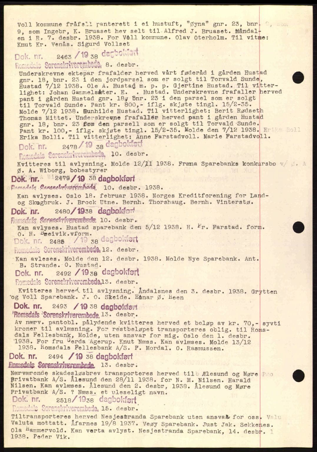 Romsdal sorenskriveri, AV/SAT-A-4149/1/2/2C: Pantebok nr. C1a, 1936-1945, Dagboknr: 2463/1938