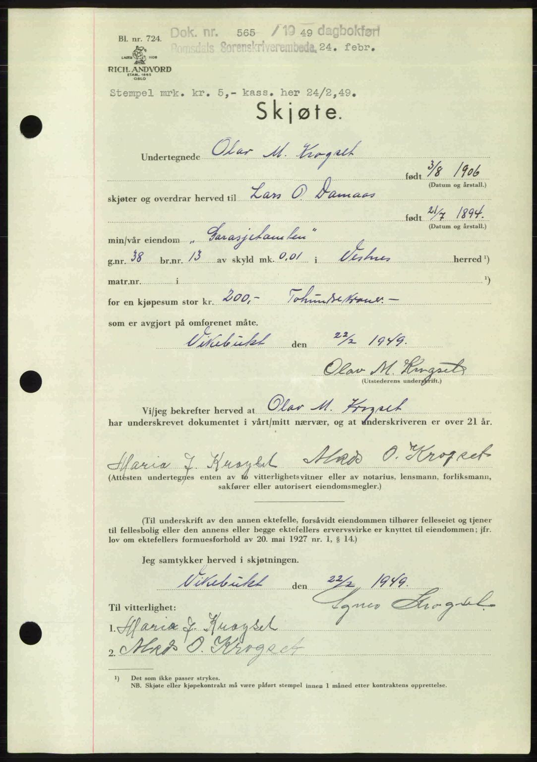 Romsdal sorenskriveri, AV/SAT-A-4149/1/2/2C: Pantebok nr. A28, 1948-1949, Dagboknr: 565/1949